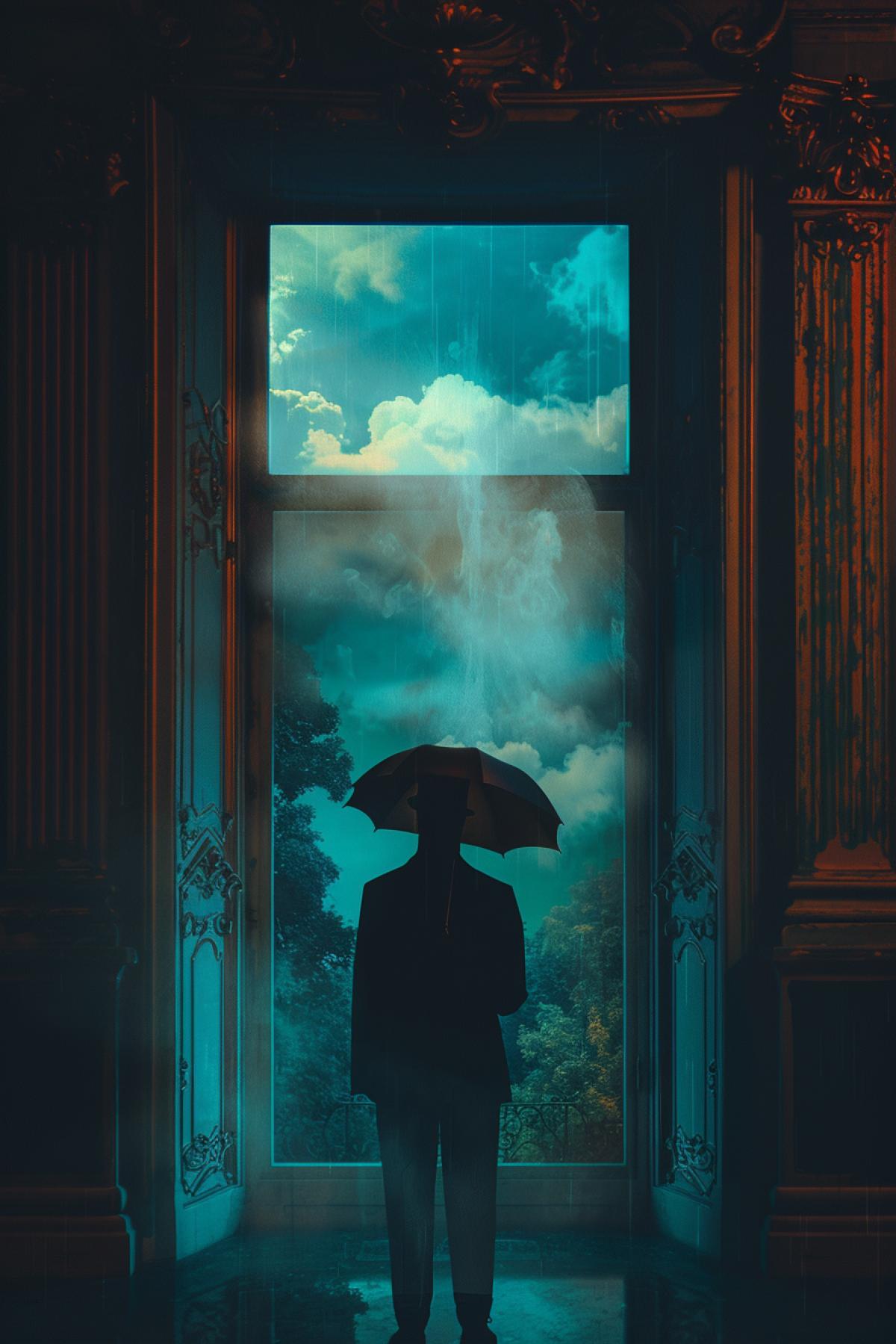 A mysterious scene set in an elegant, dimly lit room, with a large window showing a daytime sky despite the room being in darkness, a faceless man in a suit and bowler hat holding an umbrella, vibrant and muted color palette, dramatic lighting with deep shadows, detailed textures of the window frame and fabric, capturing the enigmatic and thought-provoking atmosphere, sense of duality and illusion, evoking a sense of curiosity and introspection, artfully com4kd.
