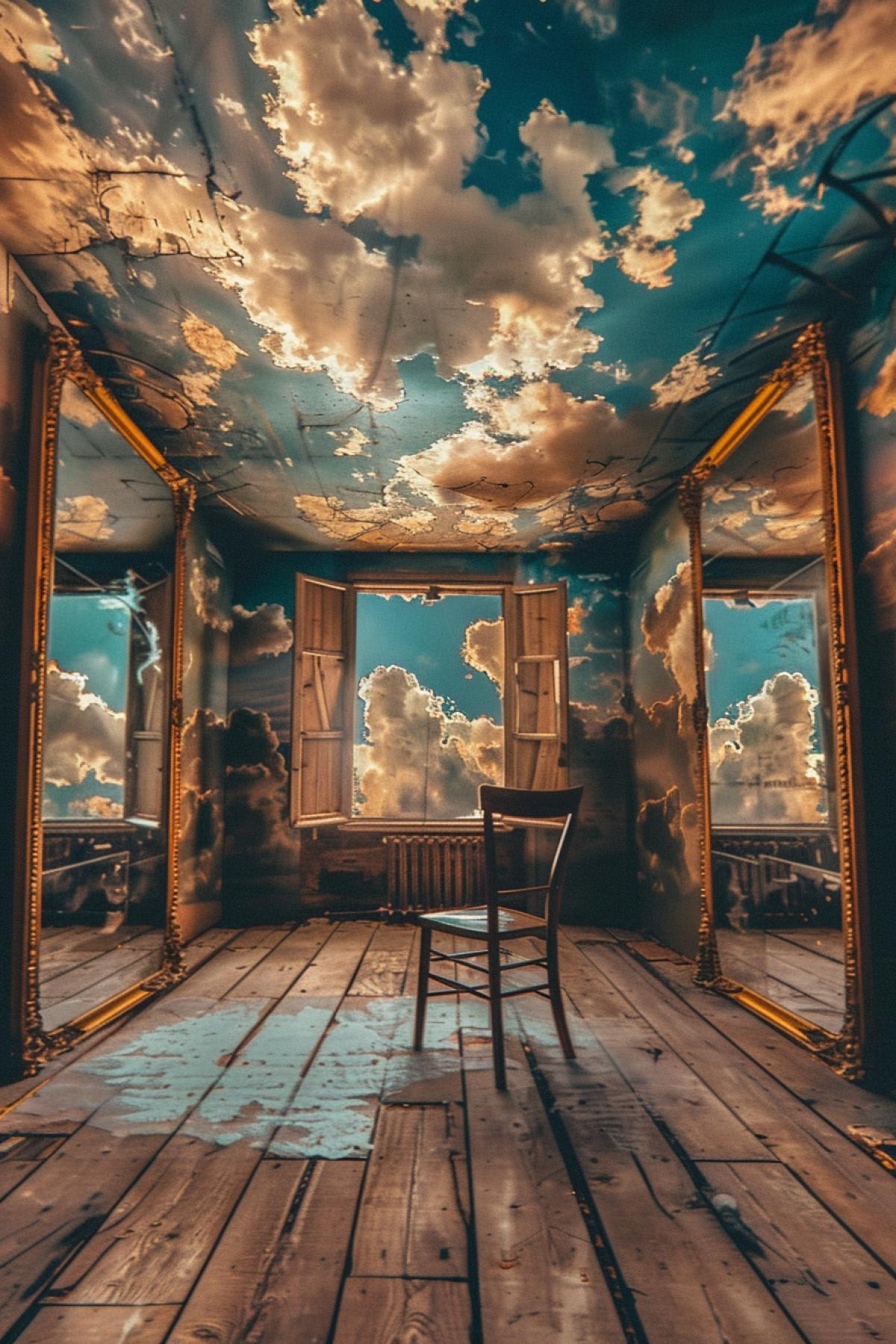 A mysterious room where the ceiling is the sky with fluffy clouds, walls are made of reflective mirrors showing different landscapes, a lone chair in the center, vibrant and contrasting color palette, dramatic lighting with surreal shadows, detailed textures of the mirrors and wooden floor, capturing the enigmatic and thought-provoking atmosphere, sense of infinite possibilities and illusion, evoking a sense of curiosity and introspection, artfully com4kd in the style of René Magritte.