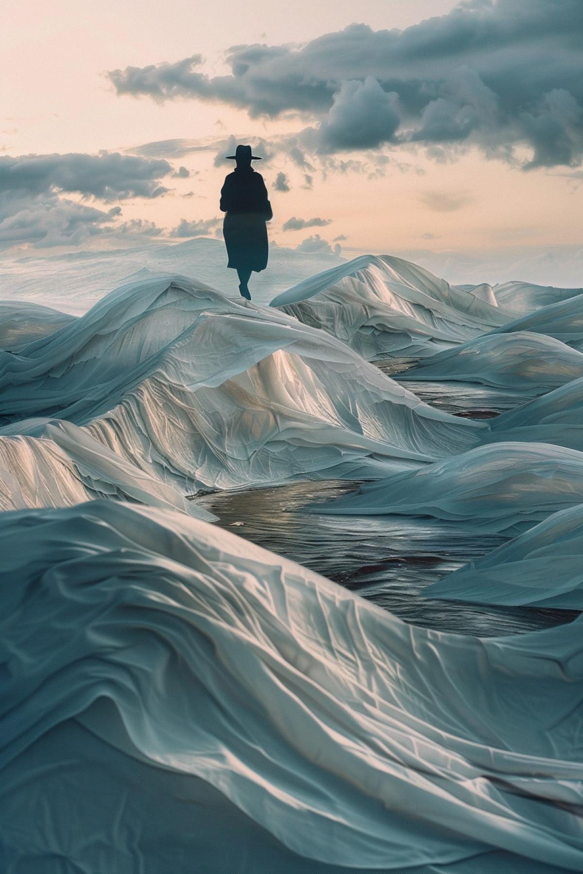 A seaside landscape with waves made of soft fabric, gently undulating and reflecting the sky, a solitary figure in a bowler hat walking on the water, vibrant and muted color palette, soft and warm lighting, detailed textures of the fabric waves and clothing, capturing the serene and mysterious atmosphere, sense of fluidity and illusion, evoking a sense of peace and wonder, artfully com4kd, merging the natural world with surreal elements in the style of René Magritte.