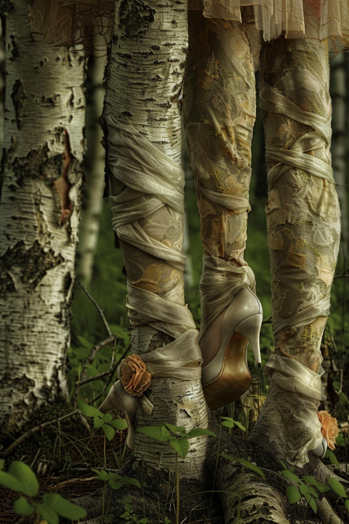 A whimsical forest scene with trees whose trunks are human legs wearing elegant shoes, vibrant and natural color palette, soft and dappled lighting through the foliage, detailed textures of the bark and fabric, capturing the playful and enigmatic atmosphere, sense of contradiction and harmony with nature, evoking a sense of surreal delight and contemplation, artfully com4kd, blending the ordinary with the unexpected in the style of René Magritte.