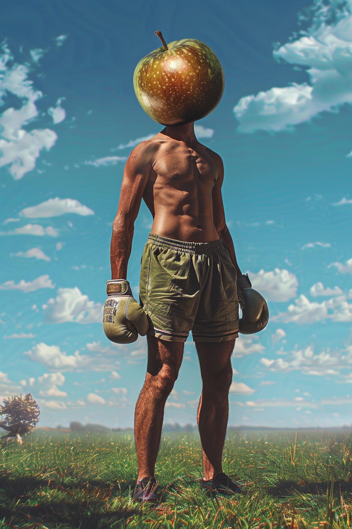 A surreal scene of a boxer standing in a lush green field, wearing vintage boxing gloves and shorts, his head replaced with a large apple, clear blue sky with scattered clouds in the background, vibrant and contrasting color palette, detailed textures of the gloves and grass, capturing the mysterious and whimsical atmosphere, sense of contradiction and intrigue, evoking a sense of wonder and curiosity, artfully com4kd, blending the themes of reality and illusion in the style of René Magritte.