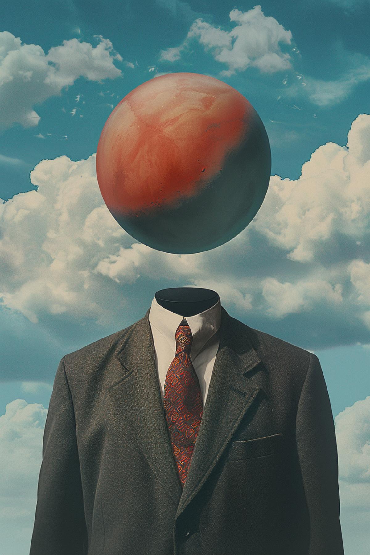In the style of Rene Magritte, flickering, realistic image, parallel world, action