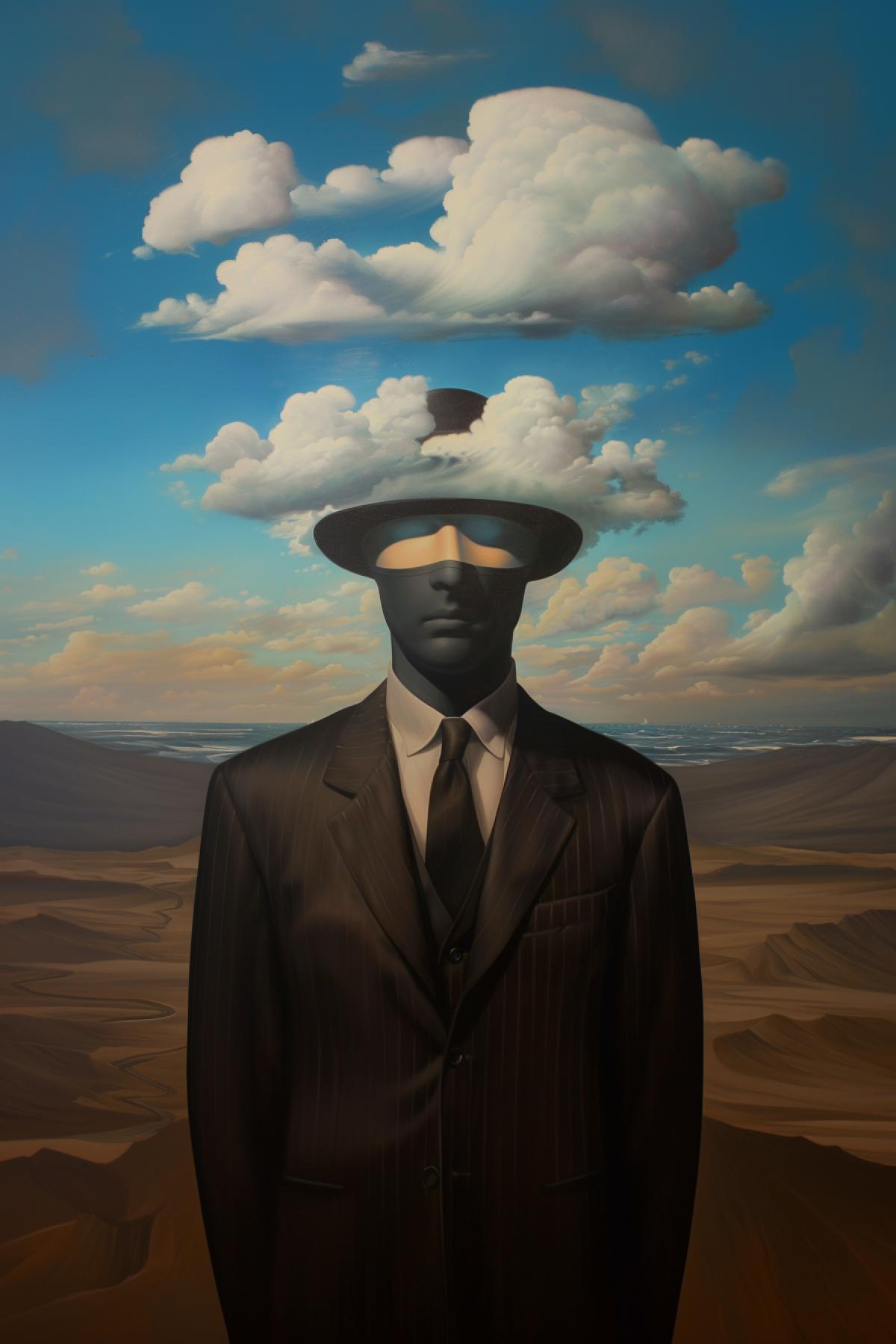In the style of Rene Magritte, painting, portrait, psychedelic, realistic image, parallel world, action