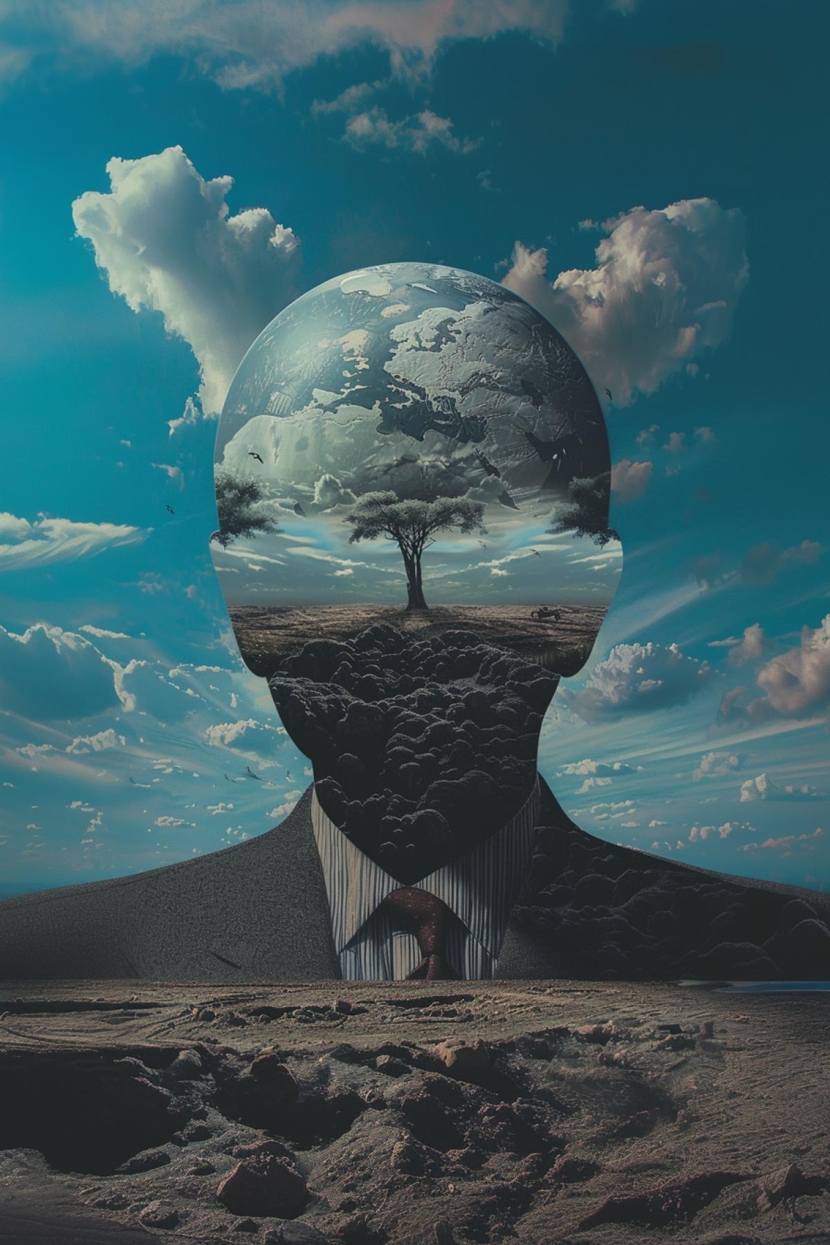 In the style of Rene Magritte. surrealism, psychedelic, shimmer, realistic image, parallel world, action
