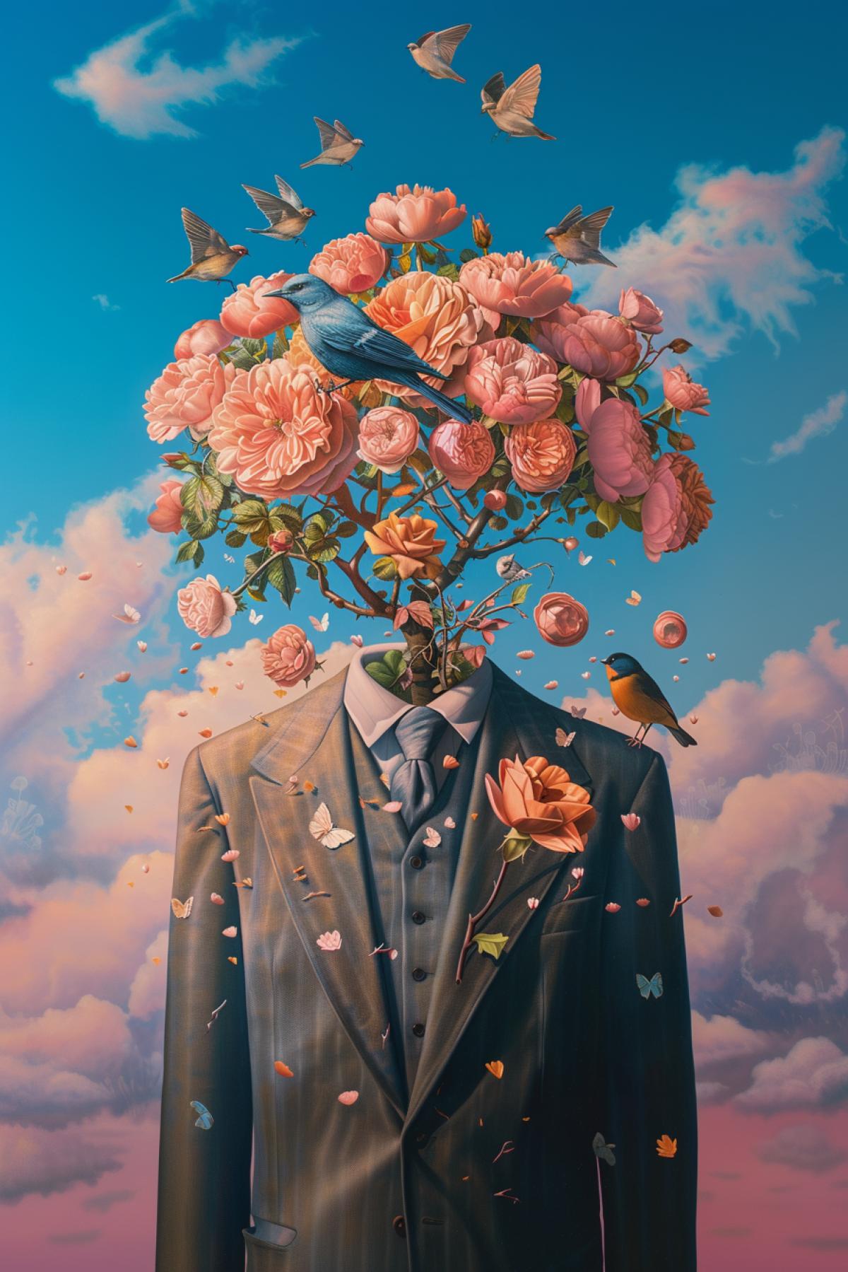 In the style of Rene Magritte. surrealism, psychedelic, shimmer, realistic image, parallel world, action