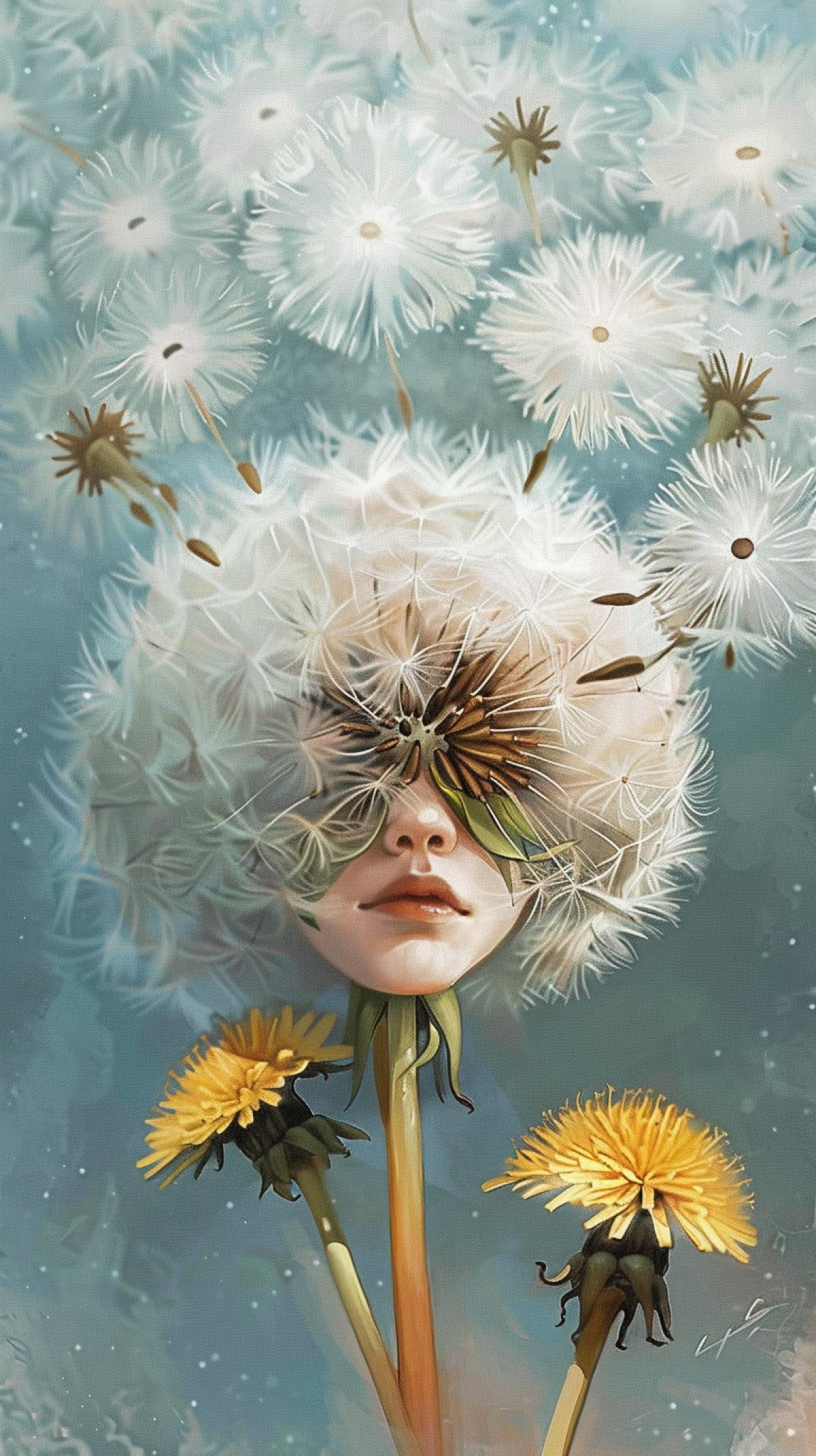 image of a girl with short blond hair sticking out in different directions. A wreath of dandelions on the head. Her smile and huge eyes, fixed on the dandelion, are permeated with innocence and joy. The watercolor style of painting with soft, wet brush strokes and washed out colors creates a sense of subtle, dreamy atmosphere enhanced by hyper detail and artistry. The work truly looks like a professional photo of the highest quality.