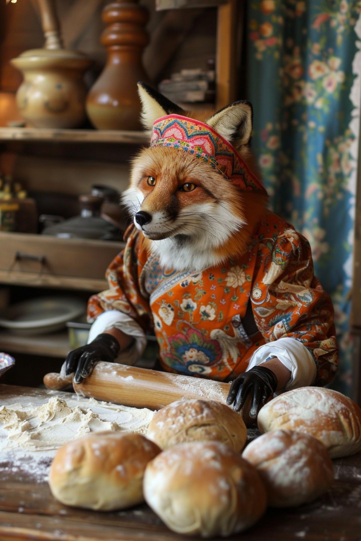Adv of wooden dough roller Female fox wearing traditional Russian dress and head kerchief advertising the dough roller scenic light haute cuisine show