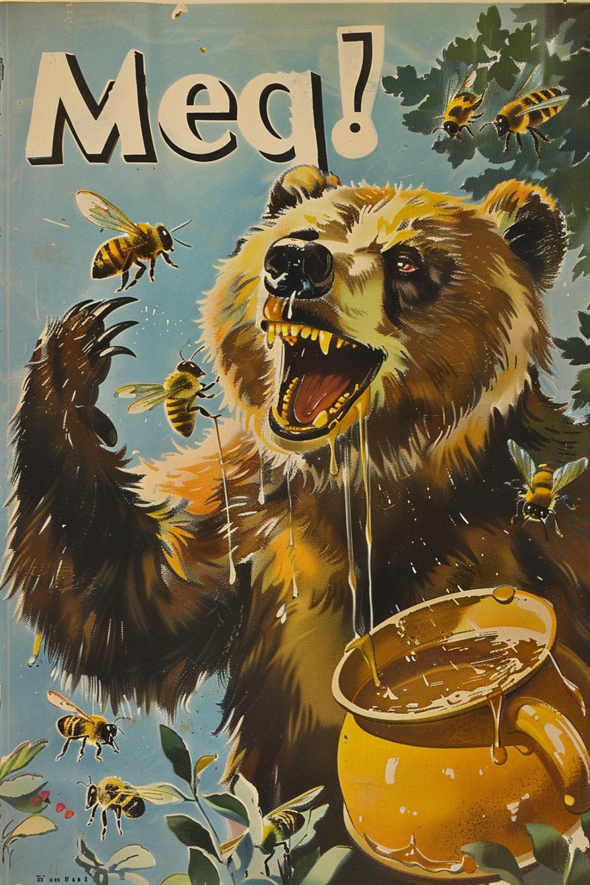 Advertising poster picturing the brown bear with a pot of honey licking his paw covered with sweet honey angry bees around text \"Mëg!\"
