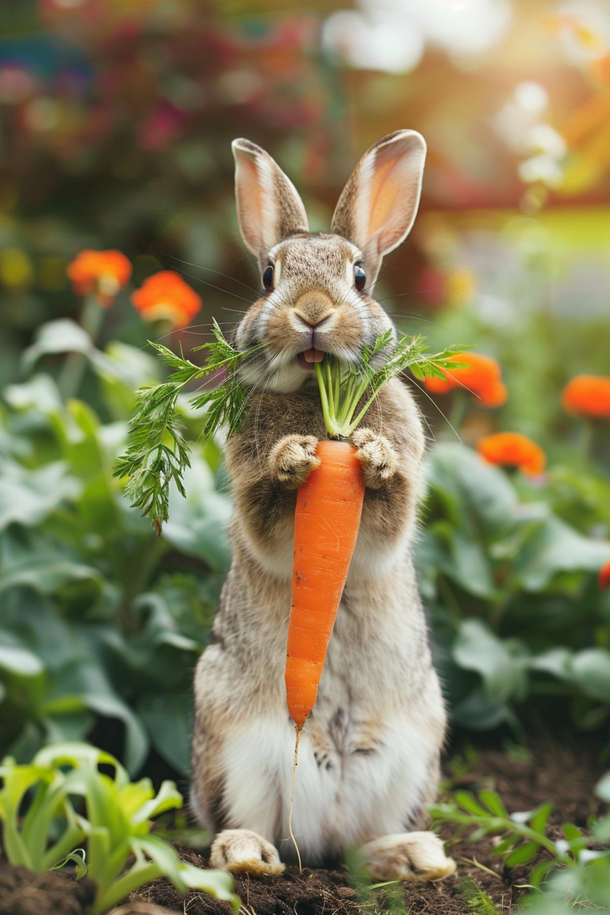 A rabbit in the garden holds a huge carrot in its paws, looking directly at the camera with a wide smile. Advertising photo, cinematic effect