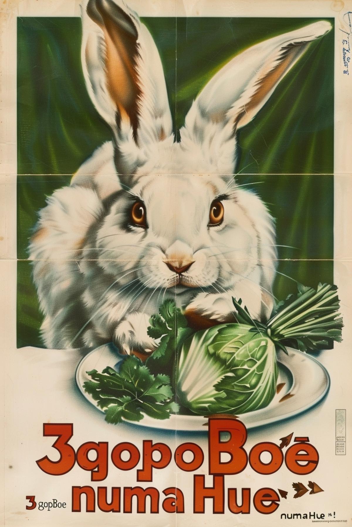 White hare cooking caleslaw of cabbage and carrots advertising poster with text \"3gopoBoe numaHue\"