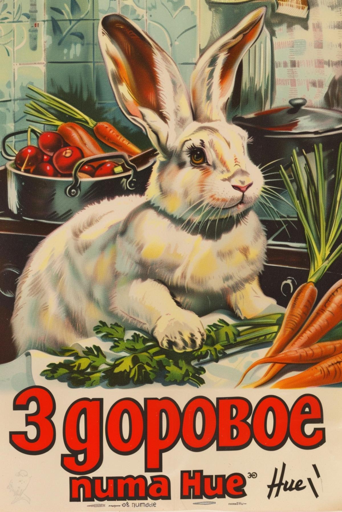 White hare cooking caleslaw of cabbage and carrots advertising poster with text \"3gopoBoe numaHue\"