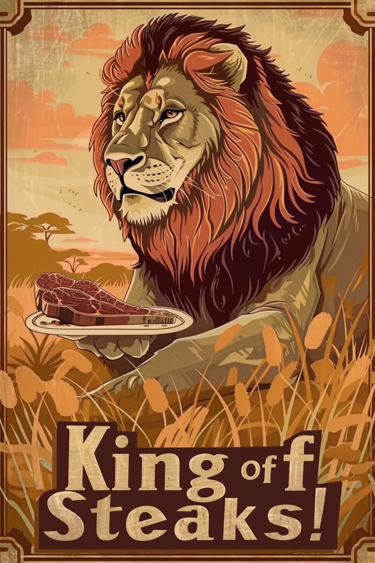 A majestic lion lounging in a savanna, holding a plate with a juicy steak, golden grasses waving in the background, sunset casting a warm glow, detailed textures of the lions mane and steak, vibrant and rich color palette, sophisticated yet humorous style, bold tagline at the bottom reading \"King of Steaks!\" in elegant, regal letters, evoking a sense of luxury and indulgence, portraying the lions love for premium meat.