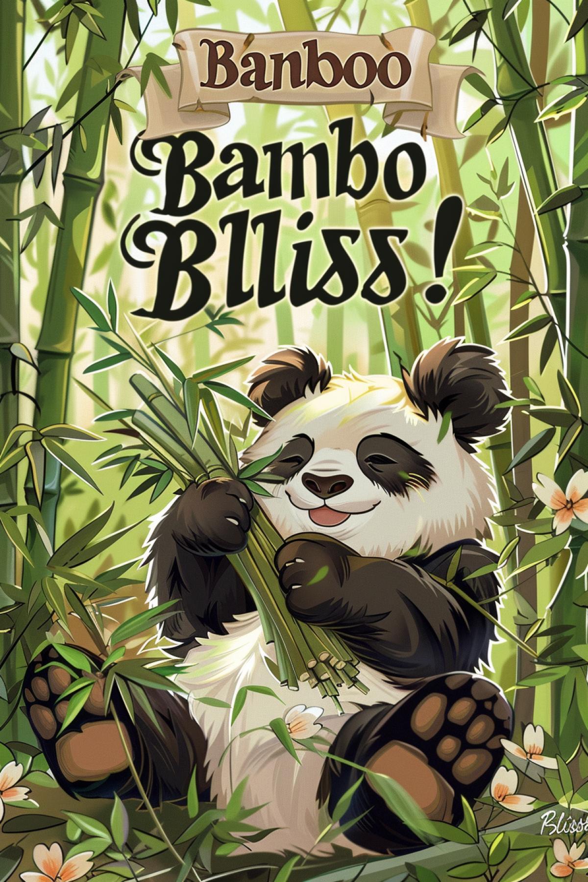 A cute panda sitting comfortably among bamboo stalks, holding a bundle of fresh bamboo shoots, serene forest scene with dappled sunlight, detailed textures of the pandas fur and bamboo, soft and calming color palette, playful and endearing style, banner at the top reading \"Bamboo Bliss!\" in playful, natural letters, evoking a sense of peace and satisfaction, capturing the pandas pure enjoyment of its favorite treat.