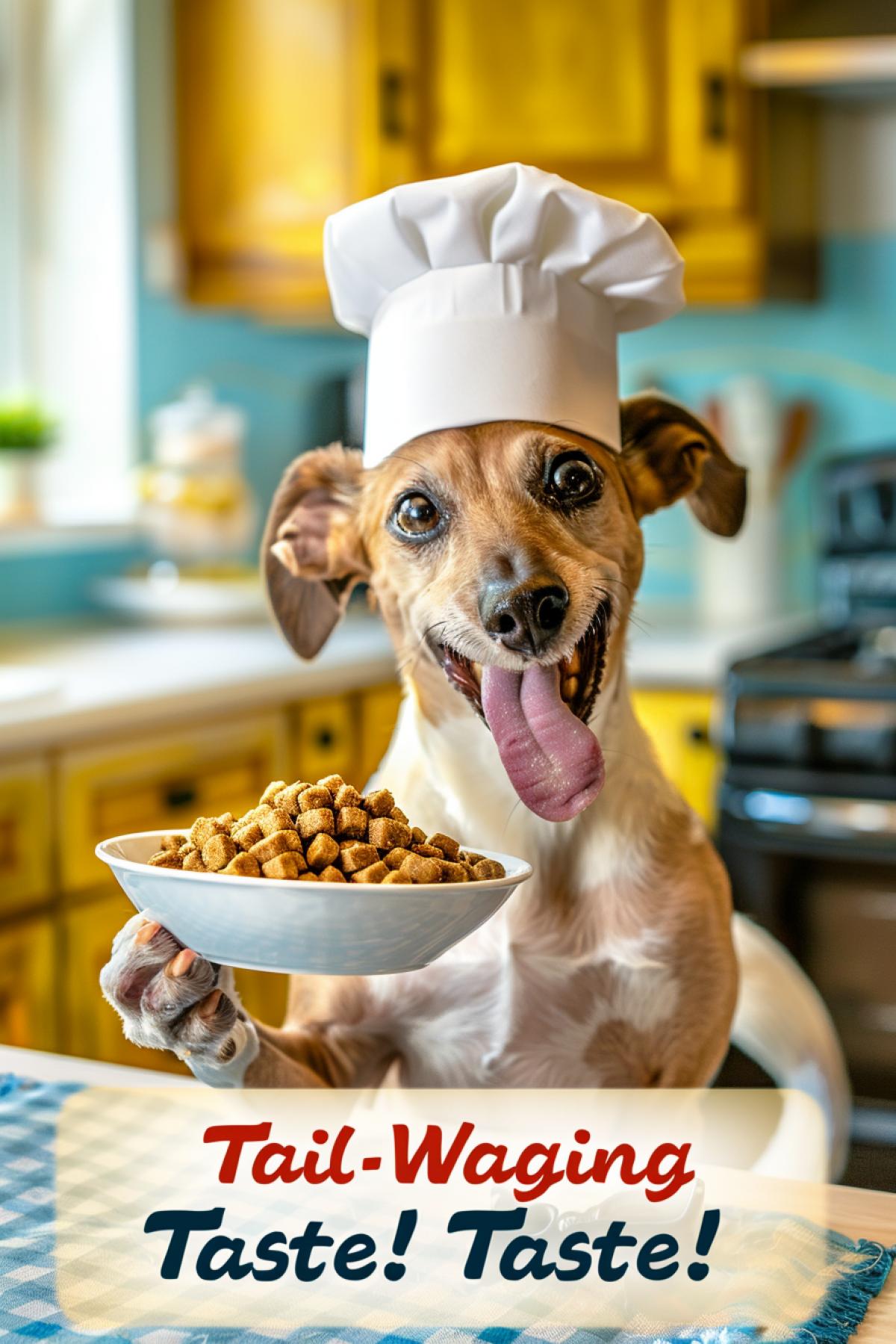 A cheerful dog in a kitchen setting, wearing a chefs hat and apron, holding a bowl of gourmet dog food, bright and cozy kitchen background, warm and inviting lighting, detailed textures of the dogs fur and food bowl, vibrant and homely color palette, fun and friendly style, tagline at the bottom reading \"Tail-Wagging Taste!\" in bold, playful letters, evoking a sense of joy and culinary delight, showcasing the dogs enthusiasm for its favorite meal.