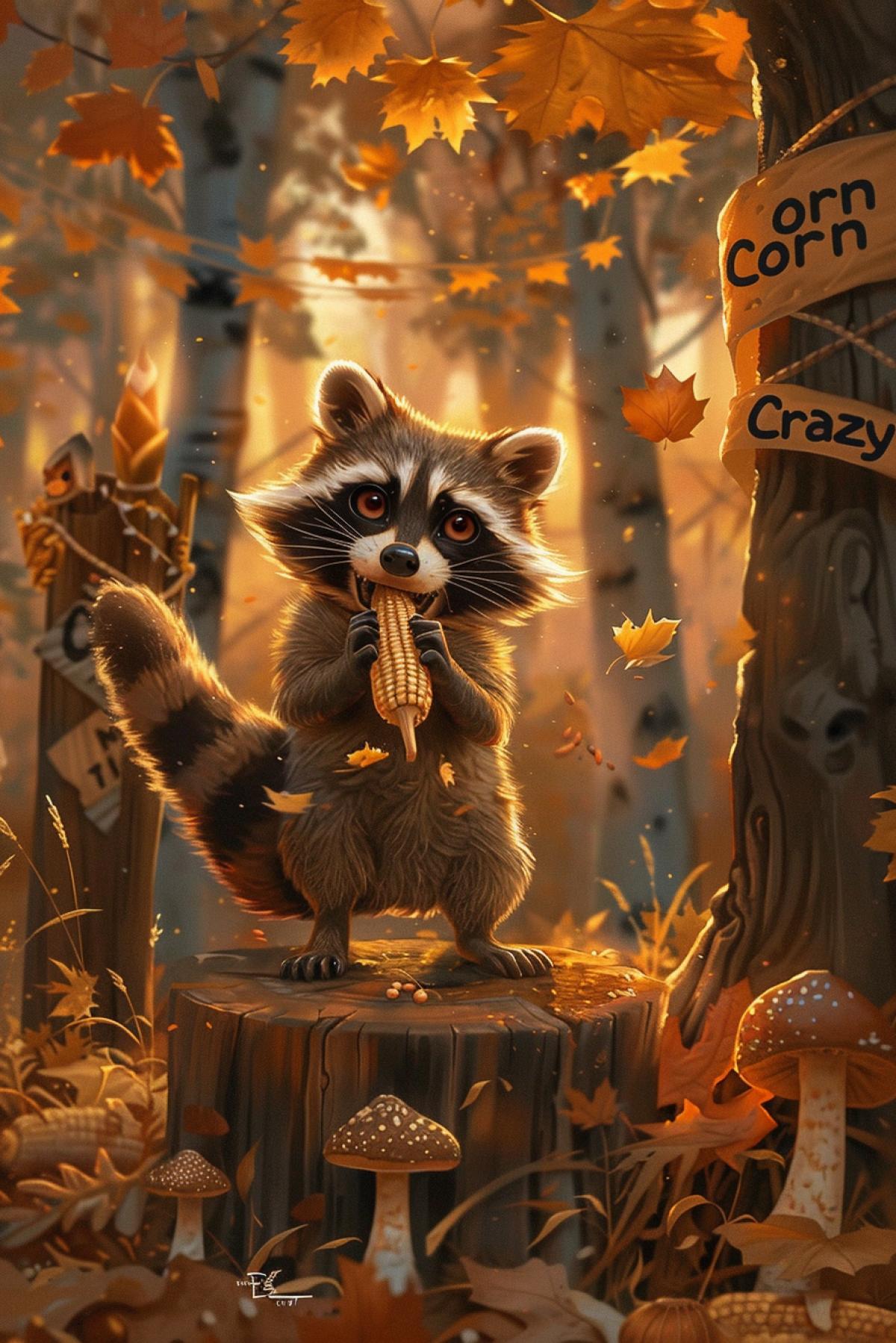 A charming raccoon in a rustic woodland setting, standing on a tree stump, holding a piece of corn on the cob, surrounded by fallen leaves and mushrooms, soft evening light filtering through the trees, detailed textures of the raccoons fur and the corn, warm and earthy color palette, playful and whimsical atmosphere, banner reading \"Corn Crazy!\" in fun letters, joyful and cozy mood, capturing the raccoons delight in its favorite treat, inviting and lively com4k.