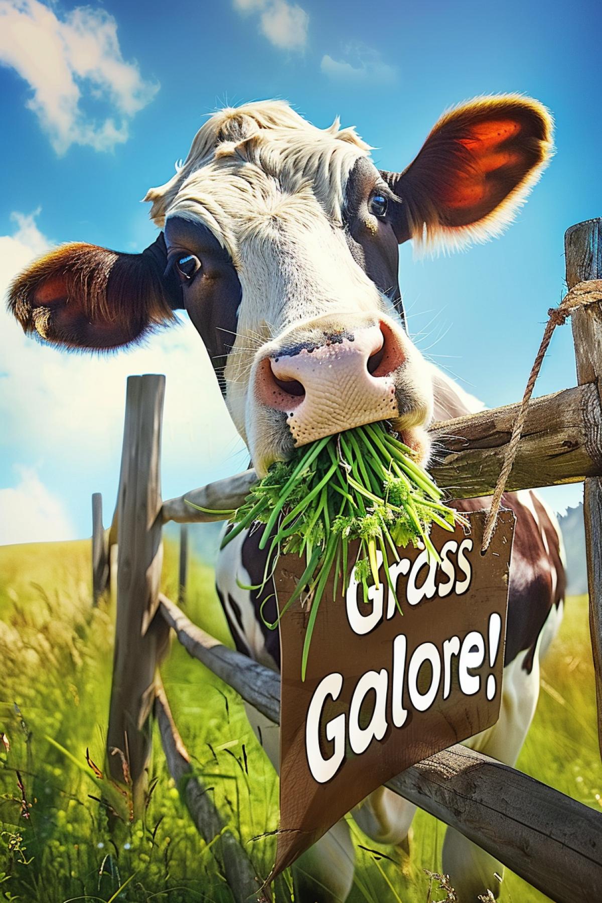A friendly cow in a picturesque meadow, standing next to a rustic wooden fence, holding a bouquet of fresh grass in its mouth, rolling hills and a bright blue sky in the background, warm sunlight casting soft shadows, detailed textures of the cows fur and the grass, vibrant and pastoral color palette, peaceful and inviting atmosphere, banner reading \"Grass Galore!\" in charming letters, serene and content mood, depicting the cows enjoyment of its favorite food, tranquil and heartwarming com4k.