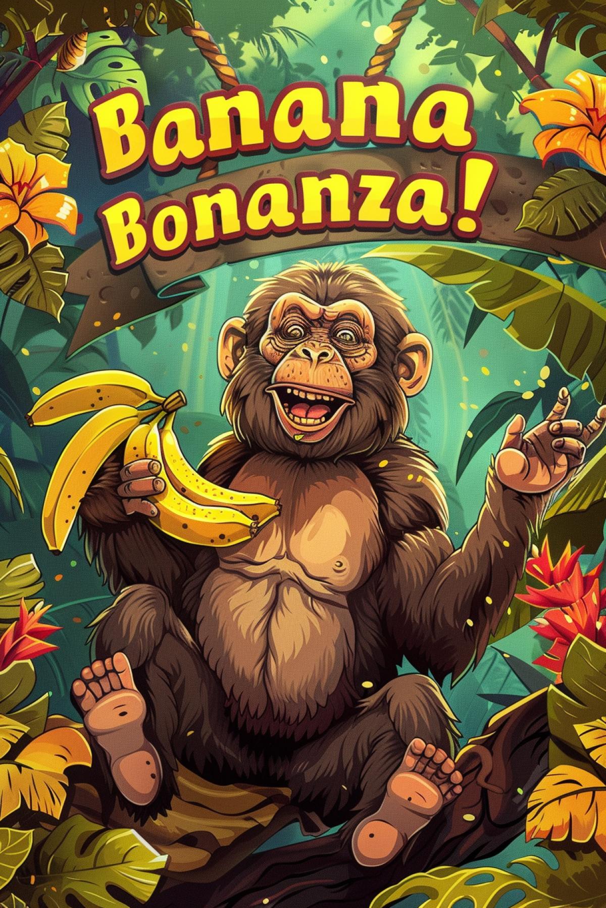 A mischievous monkey in a jungle setting, sitting on a branch, holding a bunch of bananas, dense foliage and colorful flowers in the background, dappled sunlight creating dynamic shadows, detailed textures of the monkeys fur and bananas, vibrant and lively color palette, fun and energetic atmosphere, banner reading \"Banana Bonanza!\" in playful letters, exuberant and joyful mood, highlighting the monkeys love for bananas, dynamic and engaging com4k.