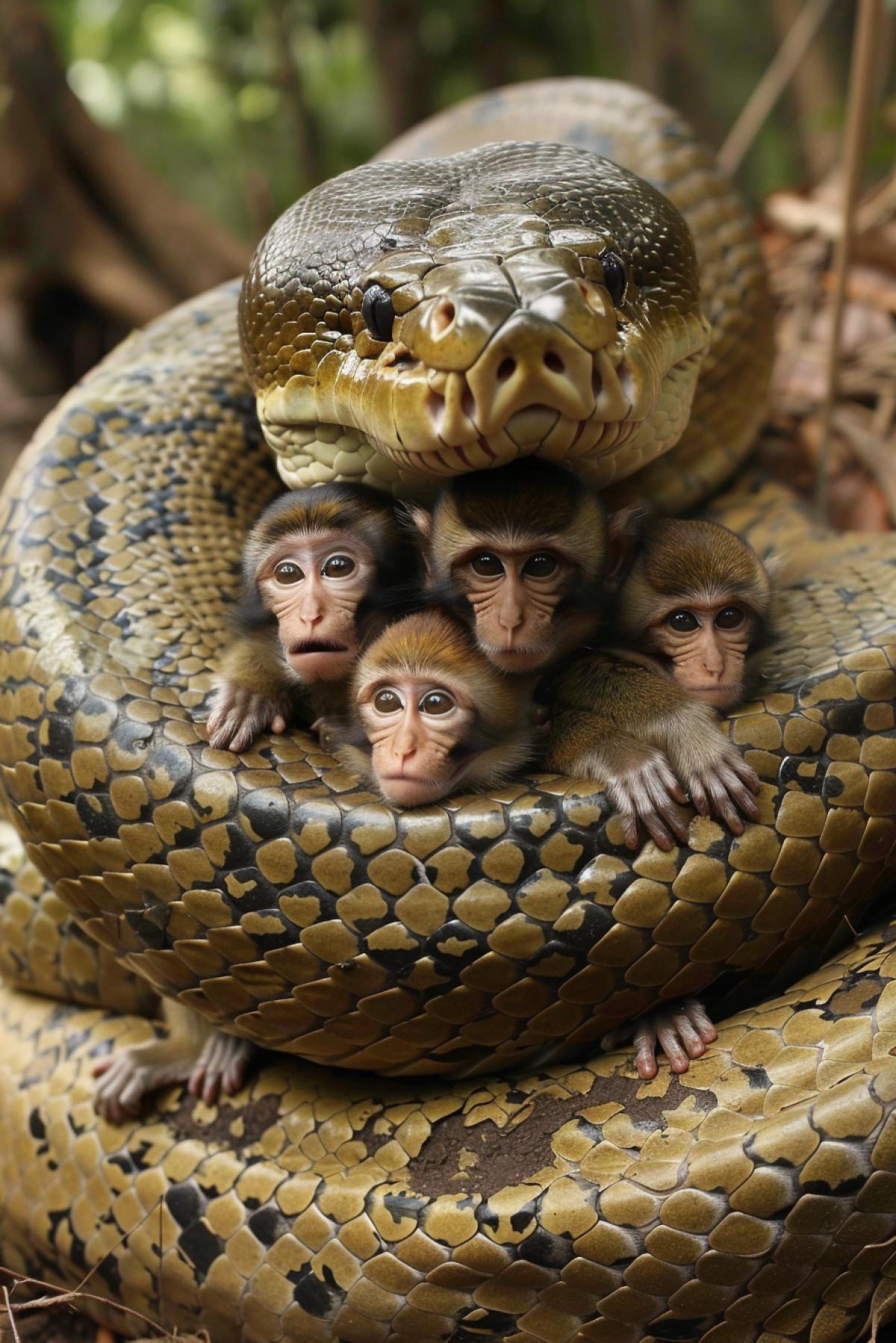 Big anaconda hugging several frightened monkeys