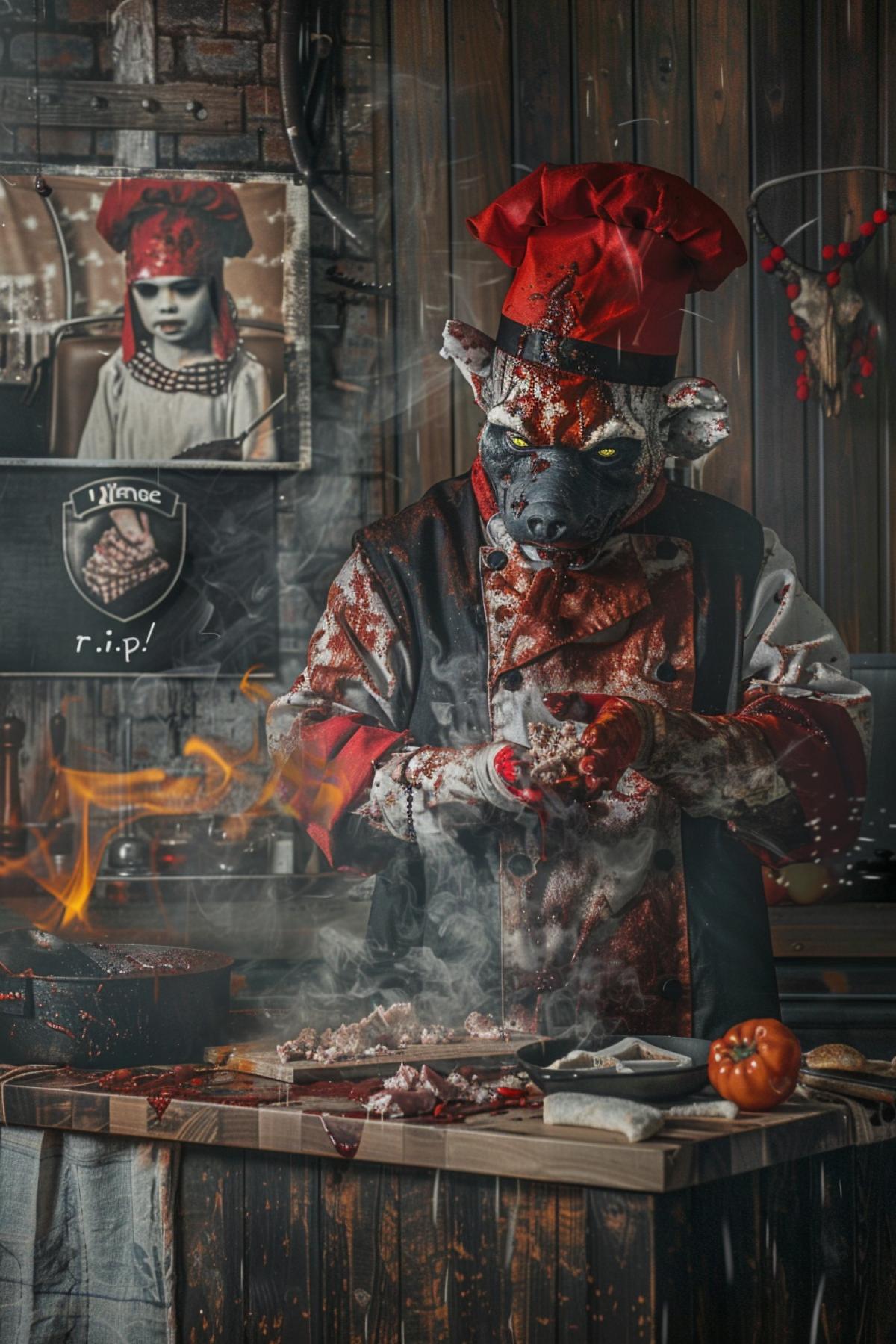 Chef anthropomorphic wolf cooking minced meat at the heute cuisine gastronomic teleshow on the wall theres photo portrait of little girl red hat inscribed text \"r.i.p.\"