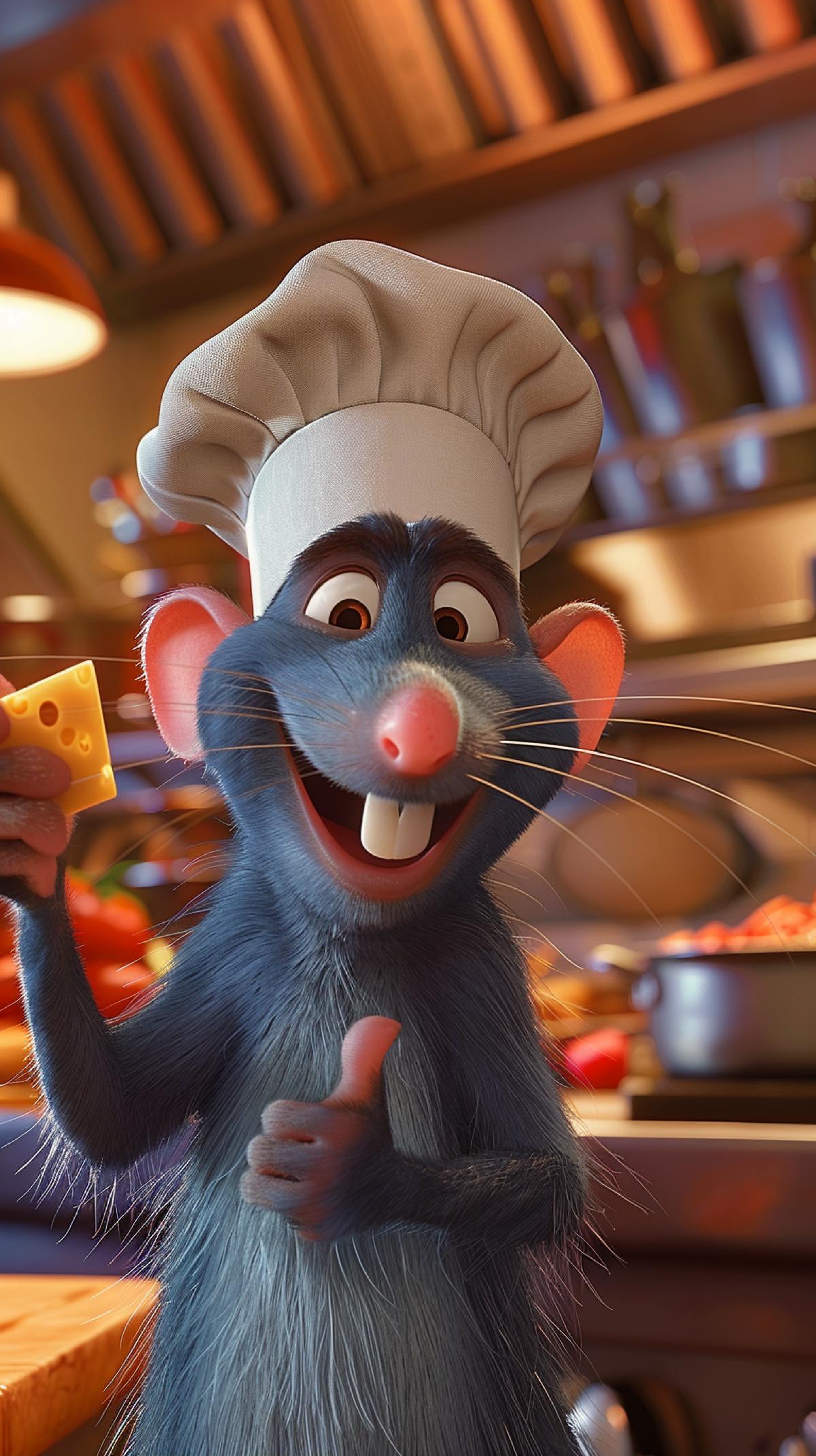 A cheerful, cute, gray-blue anthropomorphic rat in a chefs hat from the cartoon Ratatouille, goggle-eyed, wishes you health, eats a piece of cheese and shows a thumbs up, against the backdrop of a large restaurant kitchen with food being prepared in pots, pans, beautiful, cartoonish
