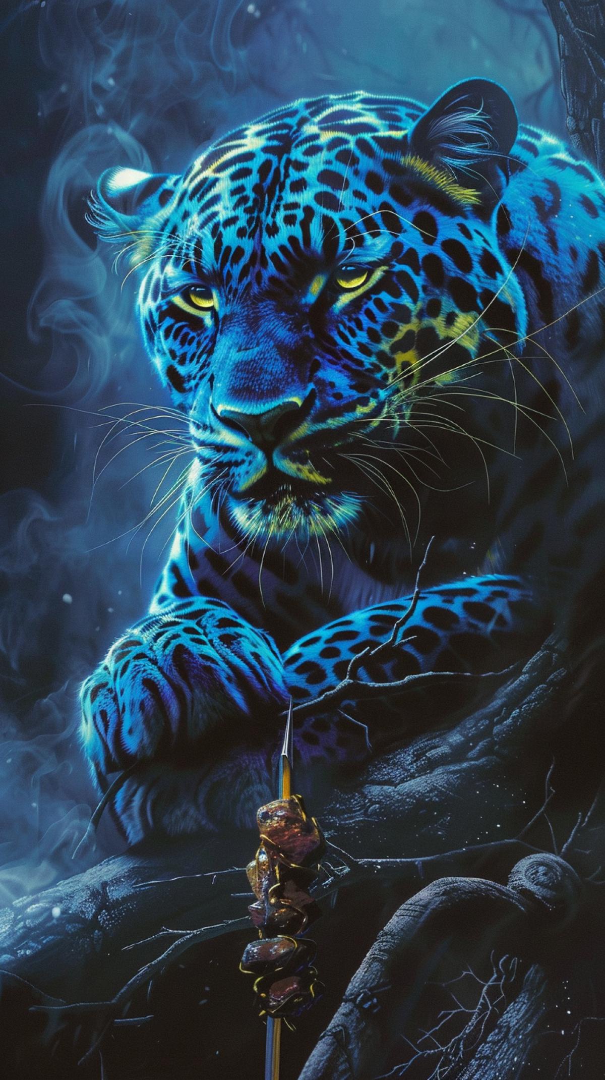 blue mythical leopard, in his magnificent paws clutched a skewer with a delicious, smoking meat kebab, art style of Michael Whelan, dark fantasy, grain, rich colors