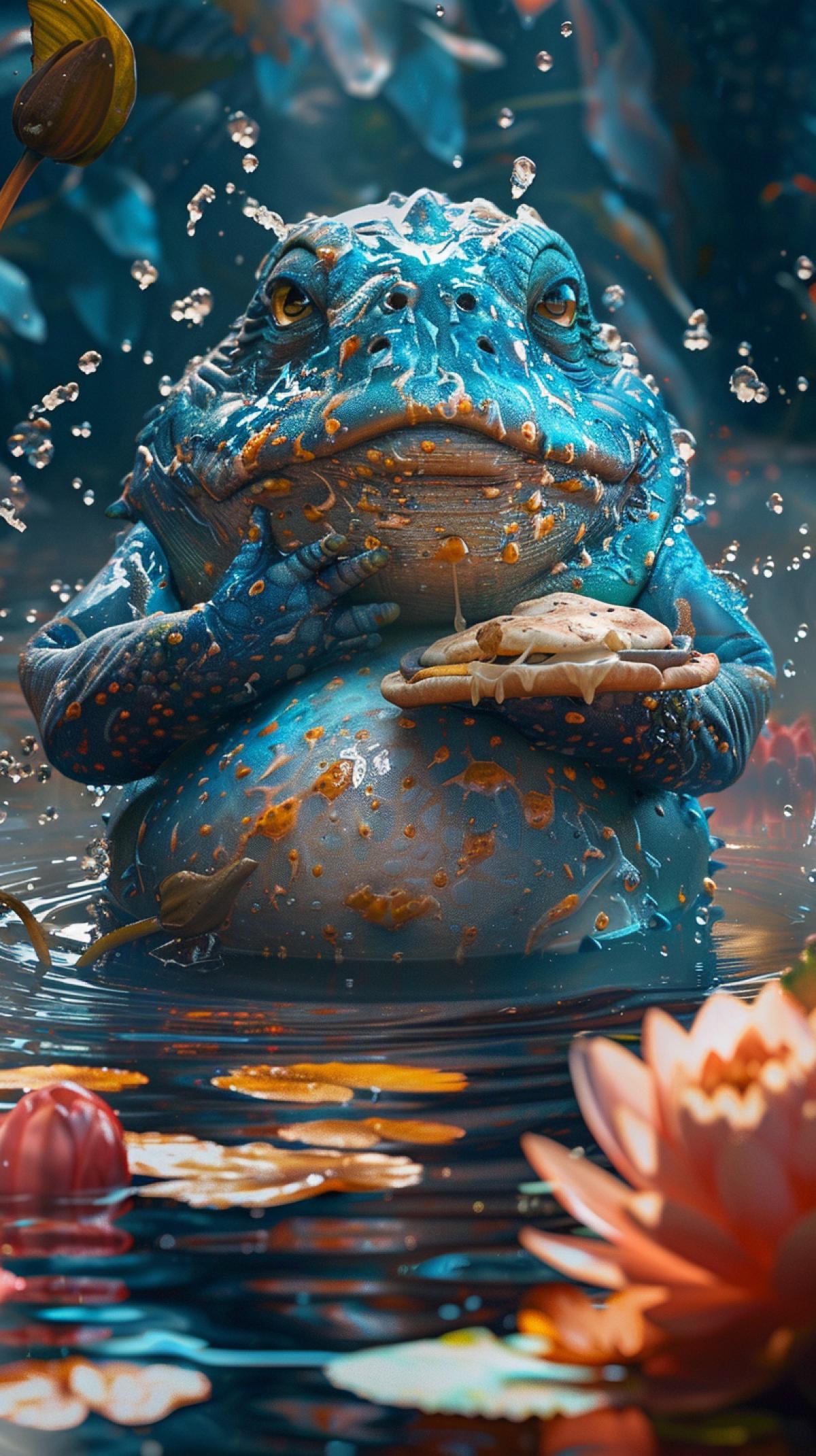 Fantastic, mesmerizing 3D cinematic close-up shot of a fat, friendly creature living in the water with an anthropomorphic blue face. The creatures body is covered with scales, with a fin visible at the back. holding an appetizing pita bread in her paws. The com4k is enlivened by splashes of water, water lilies and lotuses on a dark background. This com4k in the style of Russian folk tales is ideal for illustrations, posters and other artistic pur4ks.