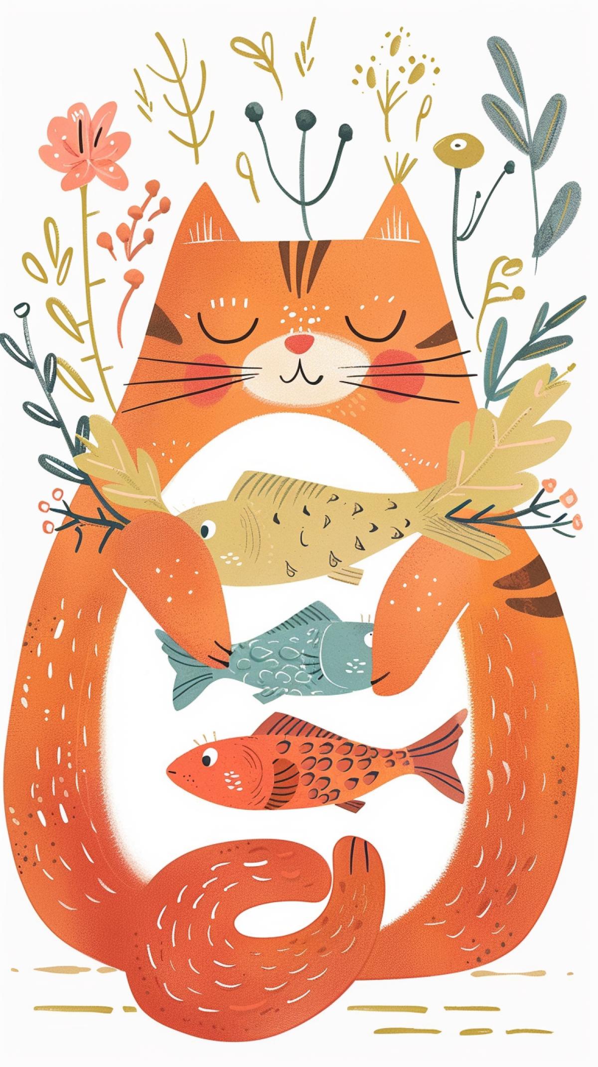 In the style of Lev Bortnev, a gentle image on a white background of a plump red cat with a bouquet of fish in craft paper, a sweet smile, gentle big eyes