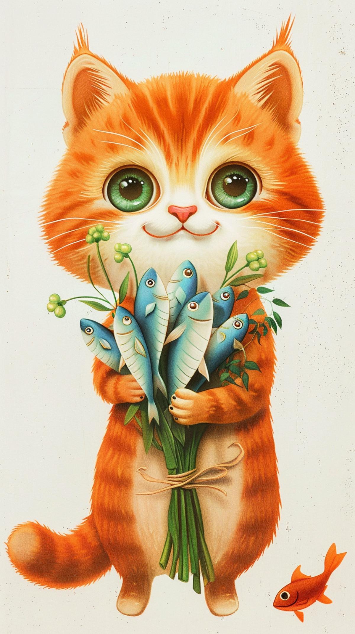 In the style of Lev Bortnev, a gentle and bright image on a white background of a plump red cat with a bouquet of fish in craft paper, a sweet smile, gentle big eyes