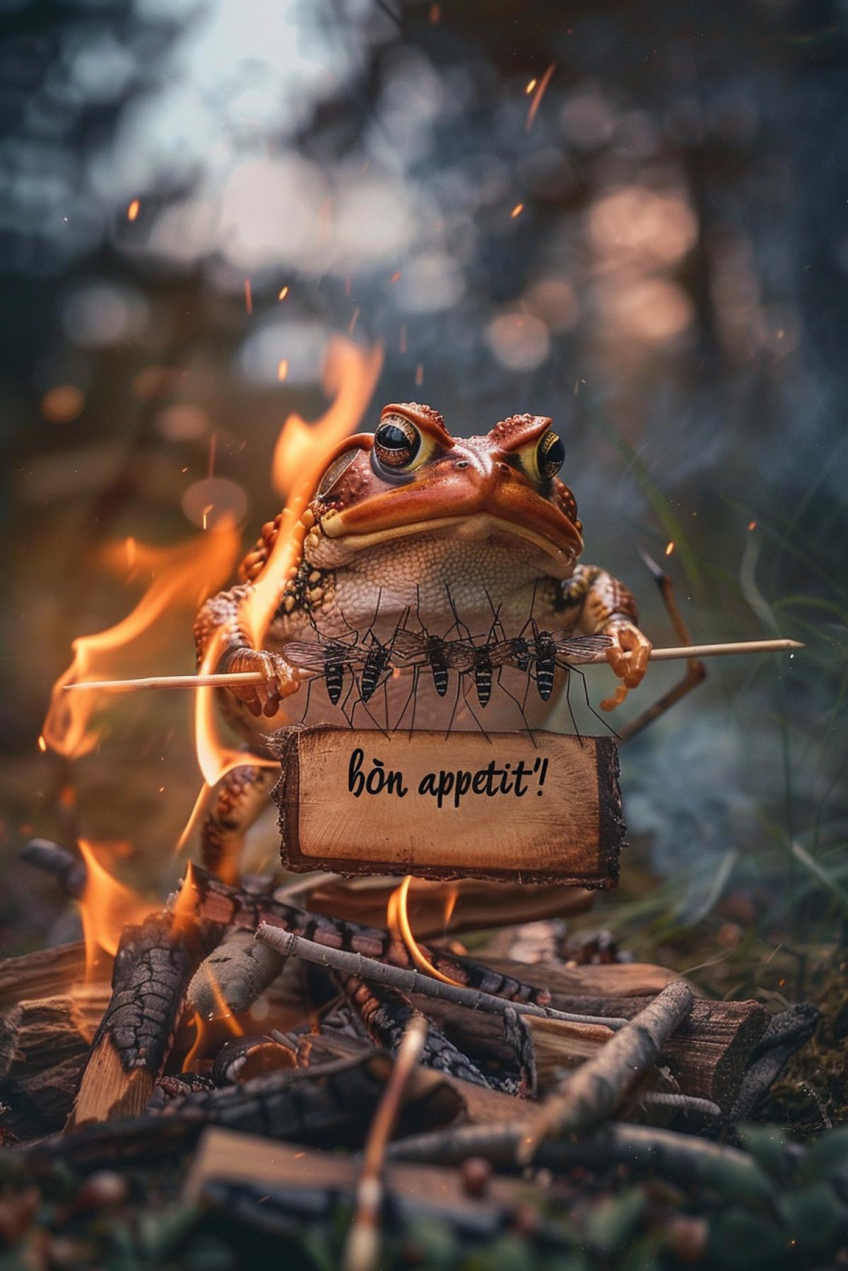 Fat toad cooking kebab of mosquitoes on sticks over open fire banner \"bon appétit\"