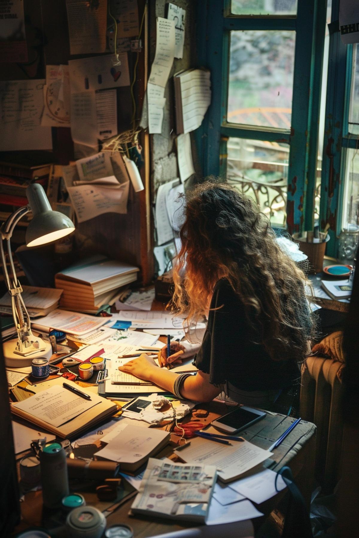 Student writing thesis in a hurry wild mess upon the table plenty of the books around pencils pens stains of coffee empty mugs and cans of soda night behind the window table lamp on