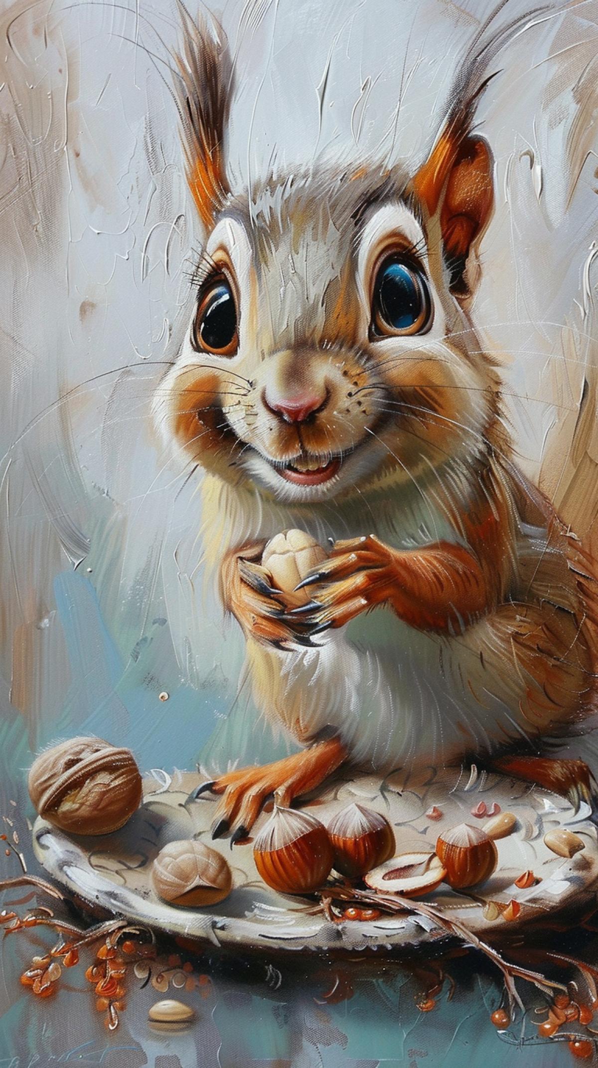 Happy, smiling squirrel, big eyes, fluffy eyelashes, offering golden nuts, hazelnuts, walnuts on a painted tray, oil painting, in a vignette in the form of hazel twigs