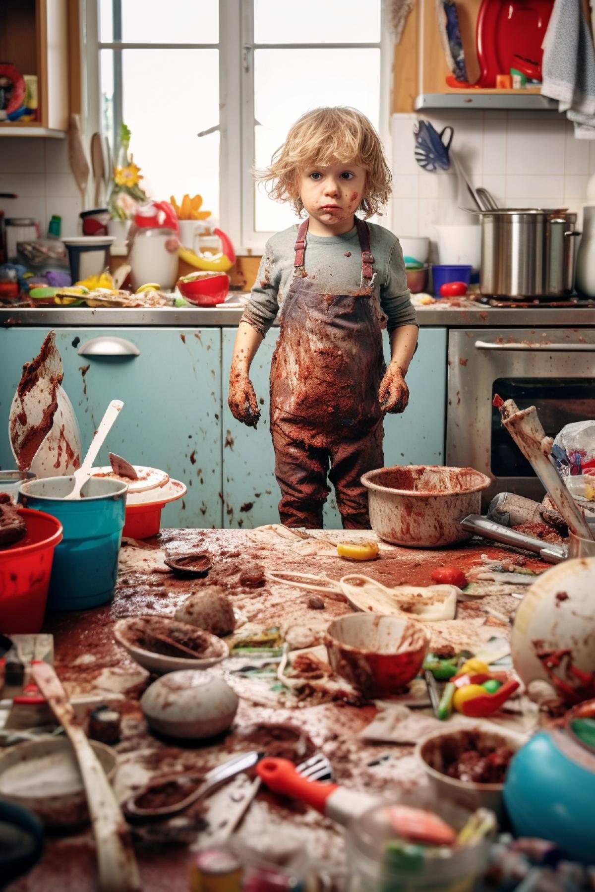 In the kitchen the child is surrounded by a mess