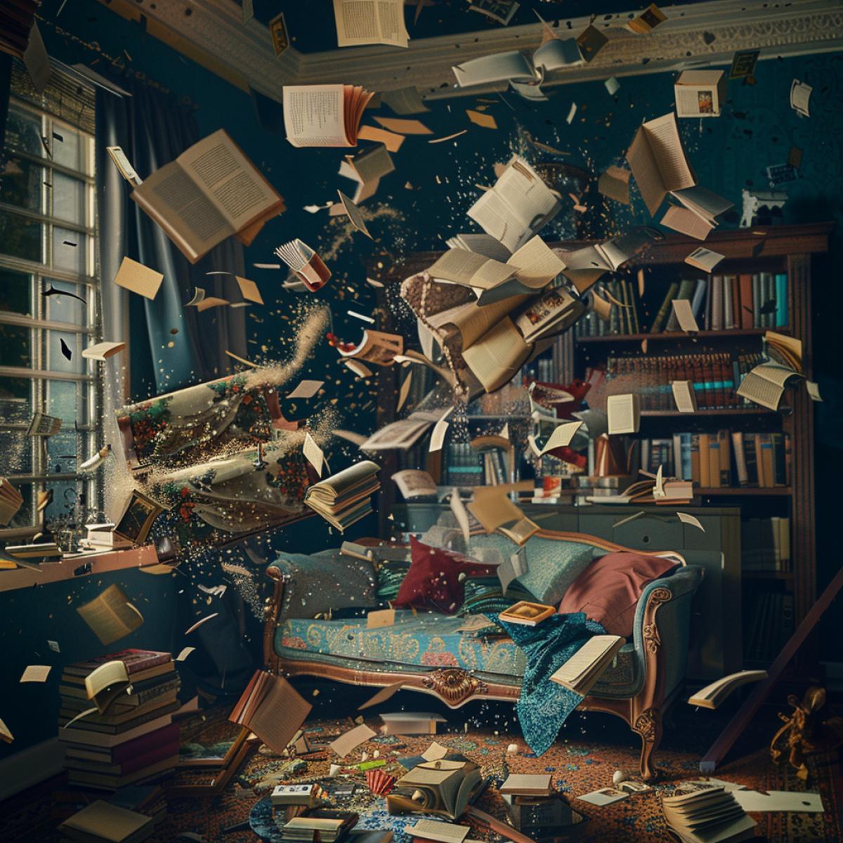 A surreal living room scene where objects defy gravity, furniture and household items float mid-air, a sofa upside-down, books and papers spiraling upwards, a spilled cup with liquid frozen in motion, warm ambient lighting casting dramatic shadows, a vibrant and eclectic color palette, detailed textures of fabric, wood, and paper, capturing the essence of chaotic magic, evoking a sense of wonder and disarray, surreal and visually captivating com4k.