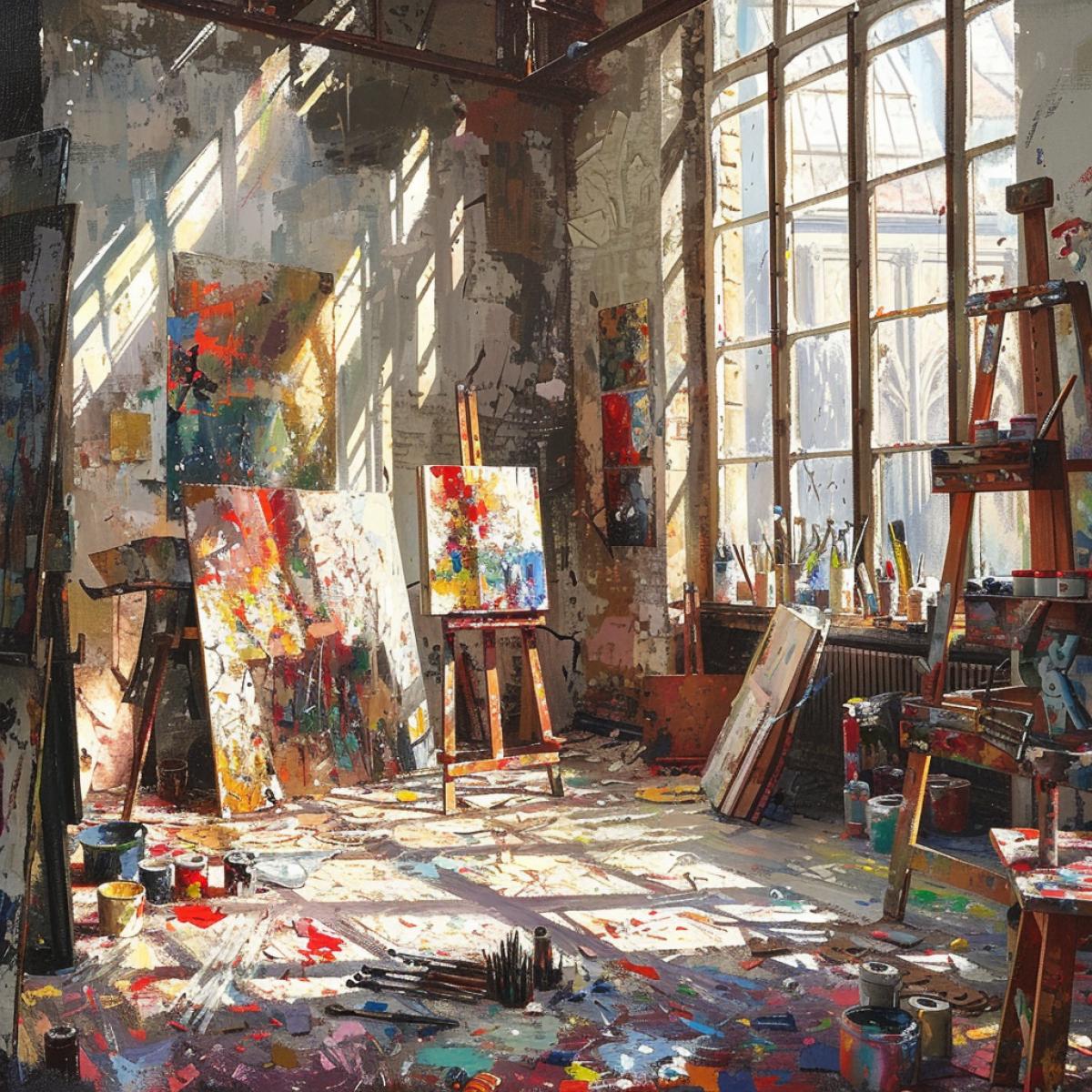 An eccentric artists studio in utter disarray, paint splatters on the walls and floor, canvases leaning haphazardly against each other, brushes and tubes of paint scattered everywhere, an unfinished masterpiece on an easel, sunlight streaming through tall windows casting long shadows, vibrant and chaotic color palette, detailed textures of paint, canvas, and wood, capturing the creative frenzy and beautiful mess of artistic creation, dynamic and inspiring com4k.