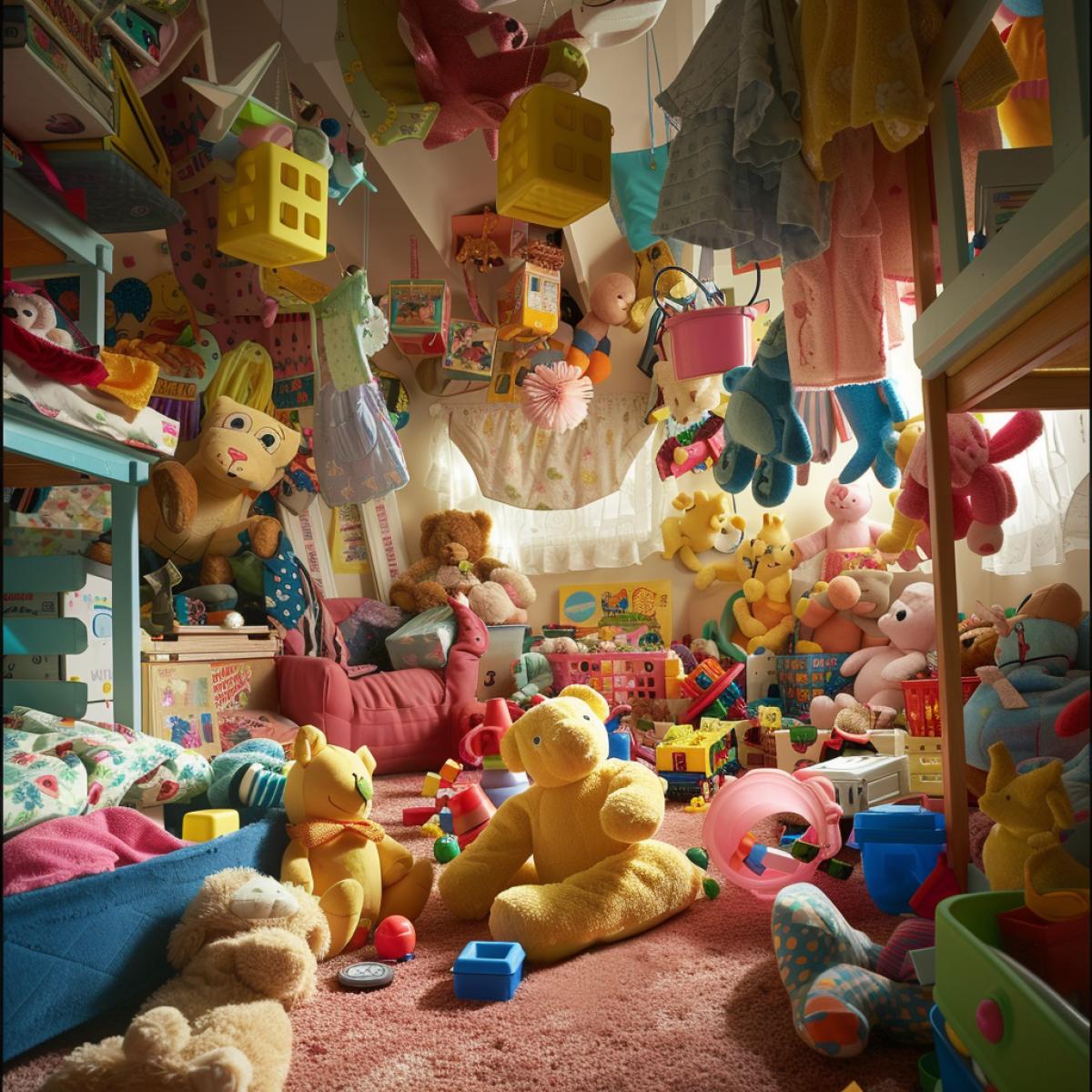 A whimsical childrens playroom turned upside down, toys, stuffed animals, and colorful blocks scattered across the floor and hanging from the ceiling, a tipped-over toy detailed spilling its contents, soft, diffused lighting creating playful shadows, a vibrant and playful color palette, detailed textures of fabric, plastic, and wood, capturing the love chaos and joyful disorder of playtime, evoking a sense of childhood wonder and energy, lively and imaginative com4k.