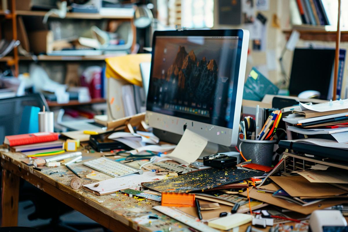 Creative mess in front of designers computer