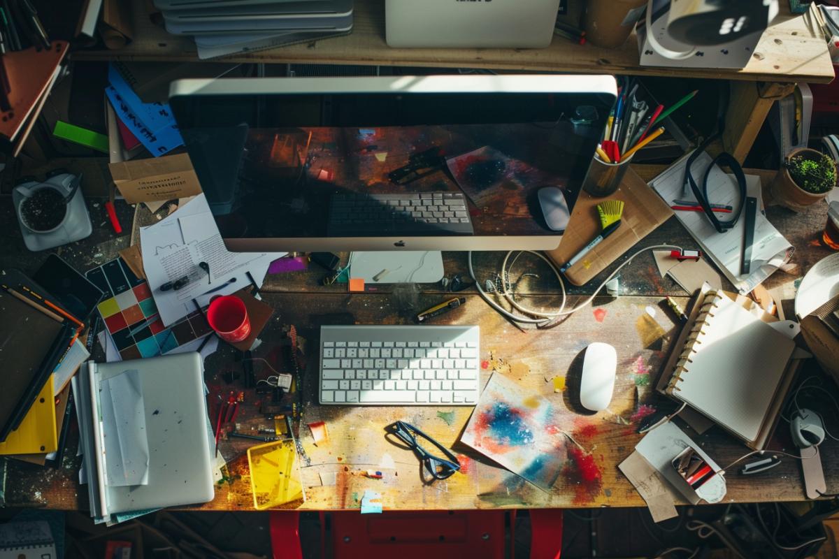 Creative mess in front of designers computer
