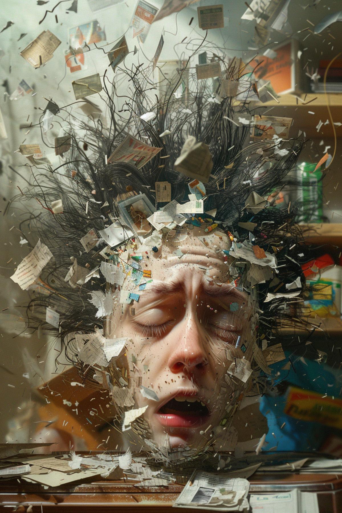 Clutter, mess in the head, madness, realistic image, madhouse, clear details
