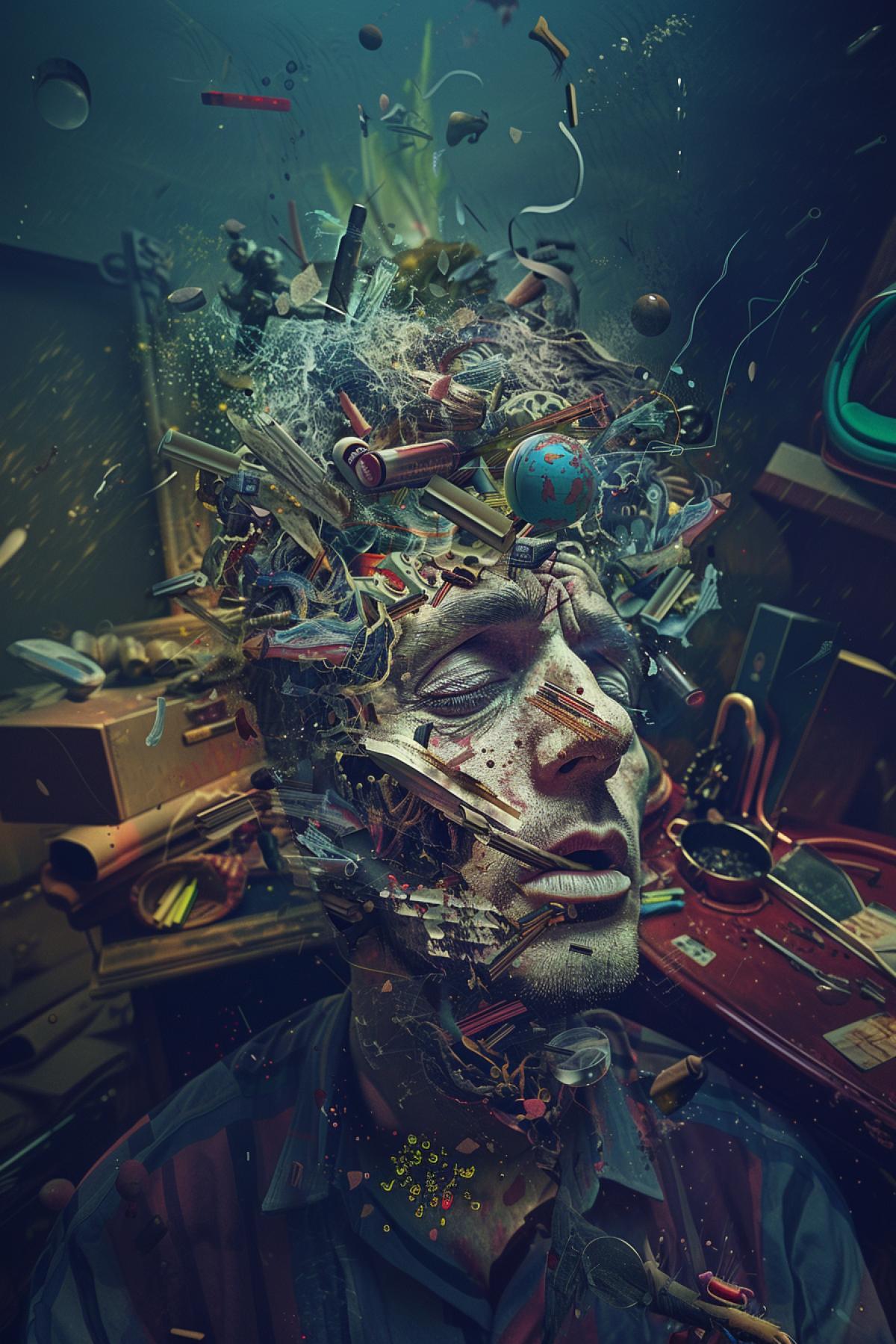 Clutter, mess in the head, madness, realistic image, madhouse, sharp details, psychedelic