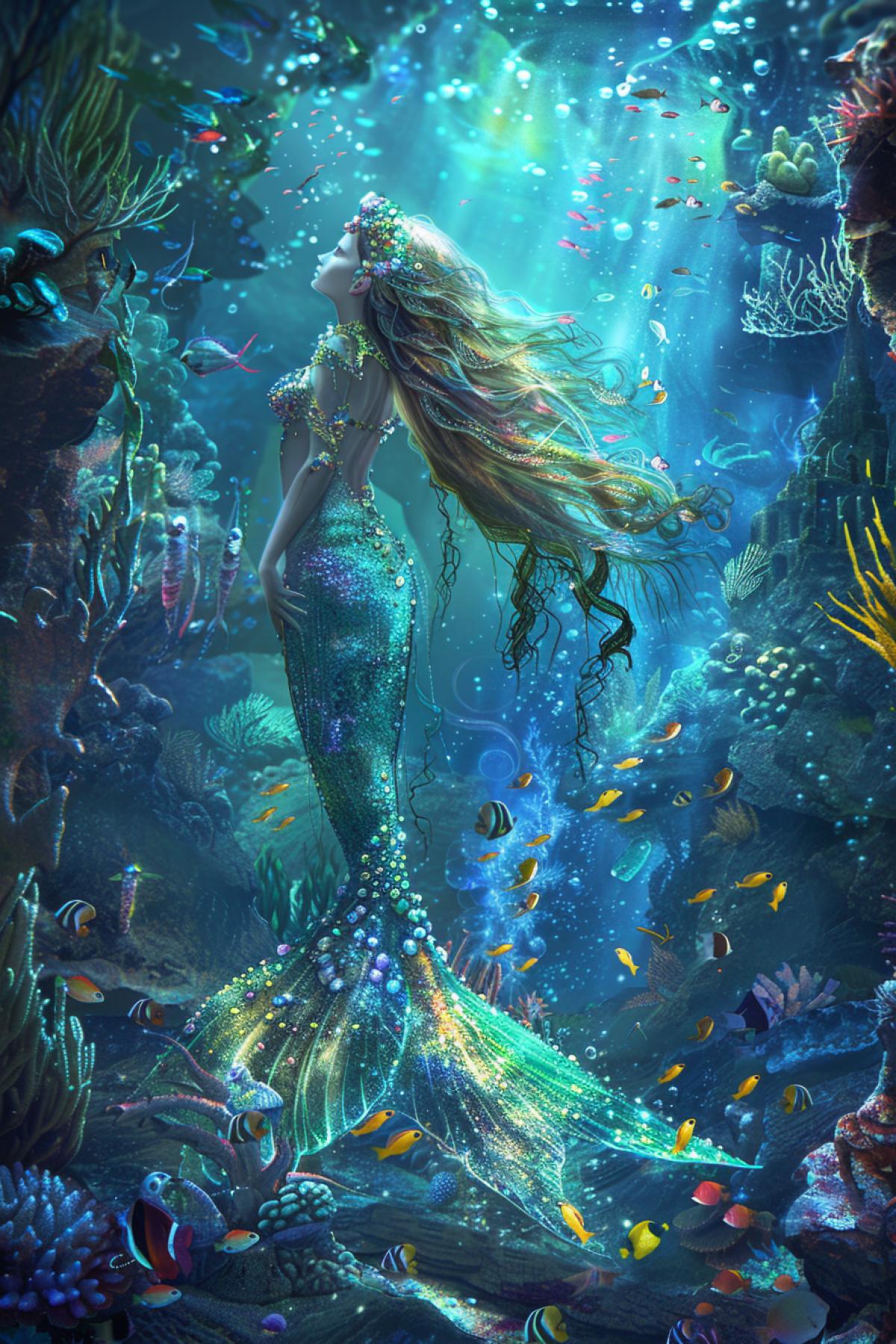 A mystical mermaid in an enchanted underwater cave, illuminated by bioluminescent plants and glowing crystals, her long, flowing hair adorned with pearls and seaweed, her shimmering tail reflecting shades of blue and green, intricate textures of scales and coral, surrounded by colorful fish and ancient artifacts, soft, ethereal lighting casting a magical glow, capturing the enchanting beauty and mystery of a mermaid in her hidden realm, evoking a sense of wonder and awe.