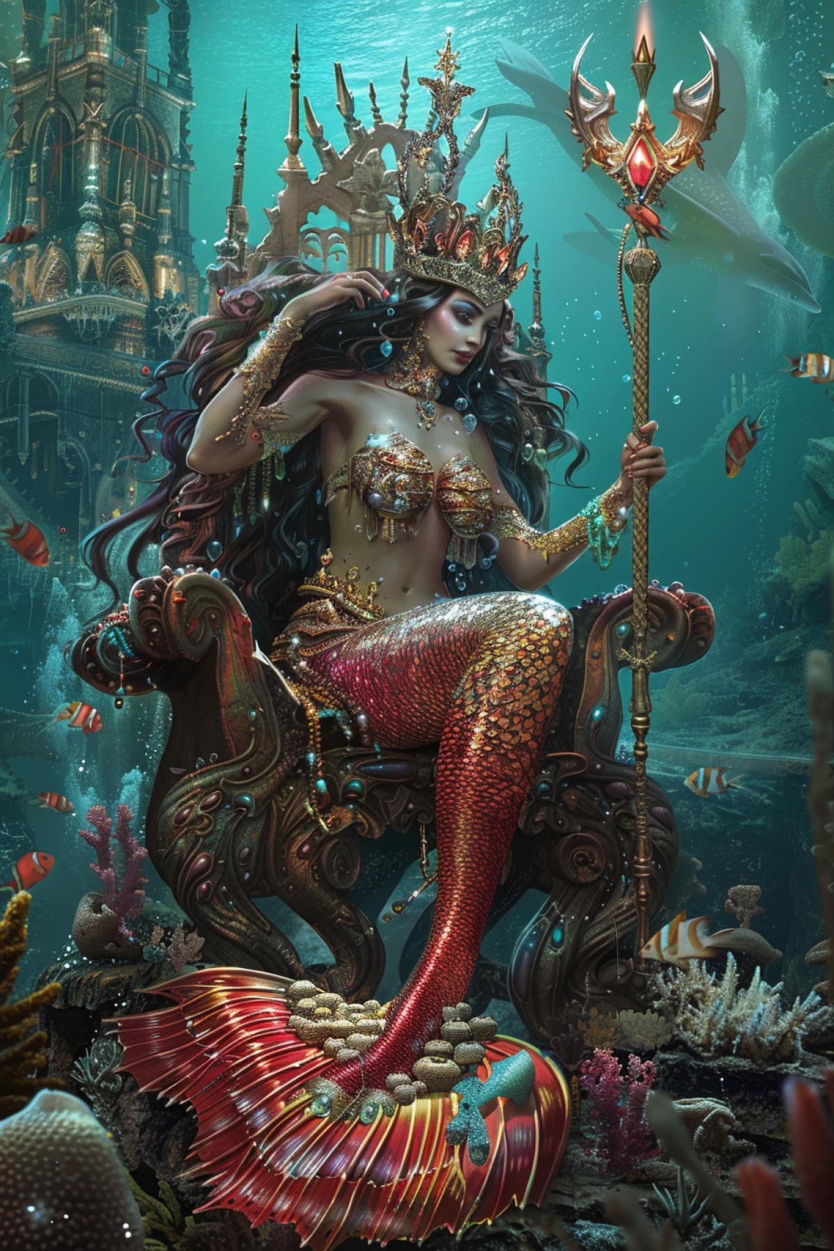 A powerful mermaid queen seated on a coral throne, surrounded by an underwater palace of intricate architecture and vibrant marine life, her regal tail adorned with gold and jewels, holding a trident with a glowing gem, detailed textures of scales, coral, and sea flora, dramatic lighting highlighting her commanding presence, a vibrant and majestic color palette, capturing the grandeur and authority of a mermaid ruler, evoking a sense of awe and reverence, dynamic and royal com4k.