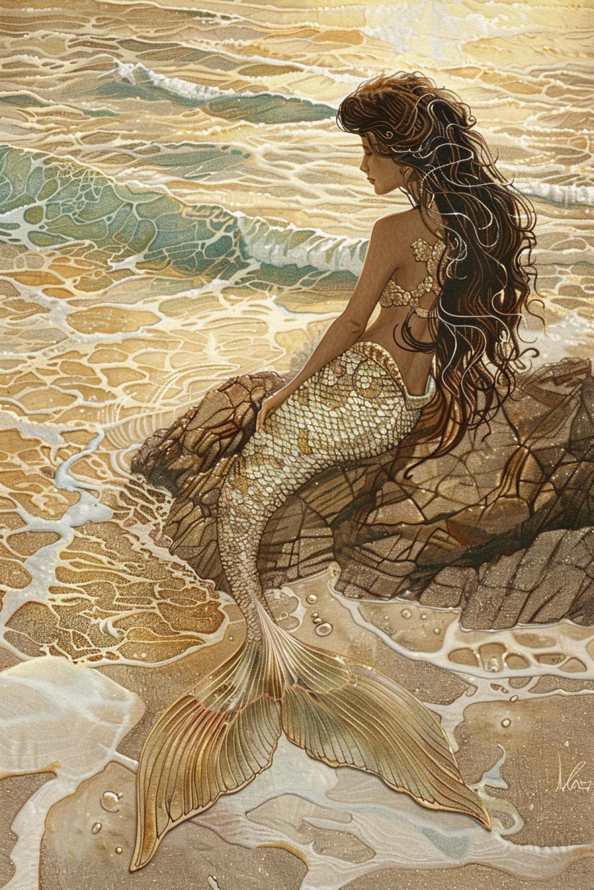 A serene scene of a mermaid lounging on a sunlit rock by the shore, her tail glistening with water droplets, waves gently lapping around her, long hair flowing in the breeze, detailed textures of sand, water, and scales, warm and natural color palette, soft sunlight casting golden hues, capturing the peaceful coexistence of land and sea, evoking a sense of tranquility and harmony, visually captivating and serene com4k.