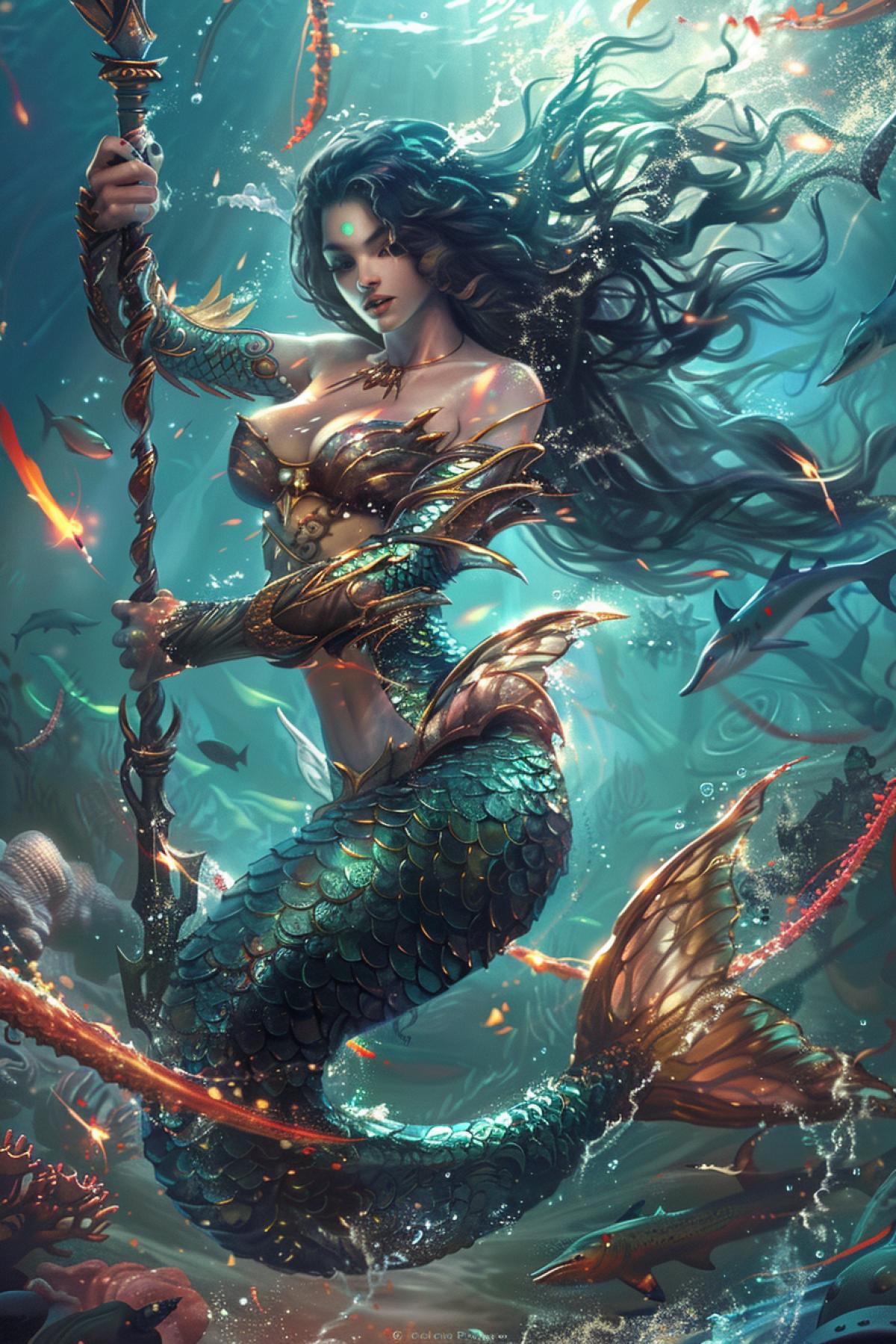 A fierce warrior mermaid engaged in an underwater battle, wielding a trident, surrounded by swirling currents and combatants, her powerful tail propelling her through the water, intricate armor made of shells and coral, detailed textures of scales, water, and marine life, dynamic and intense lighting, a bold and vivid color palette, capturing the strength and determination of a warrior mermaid, evoking a sense of action and bravery, dramatic and powerful com4k.
