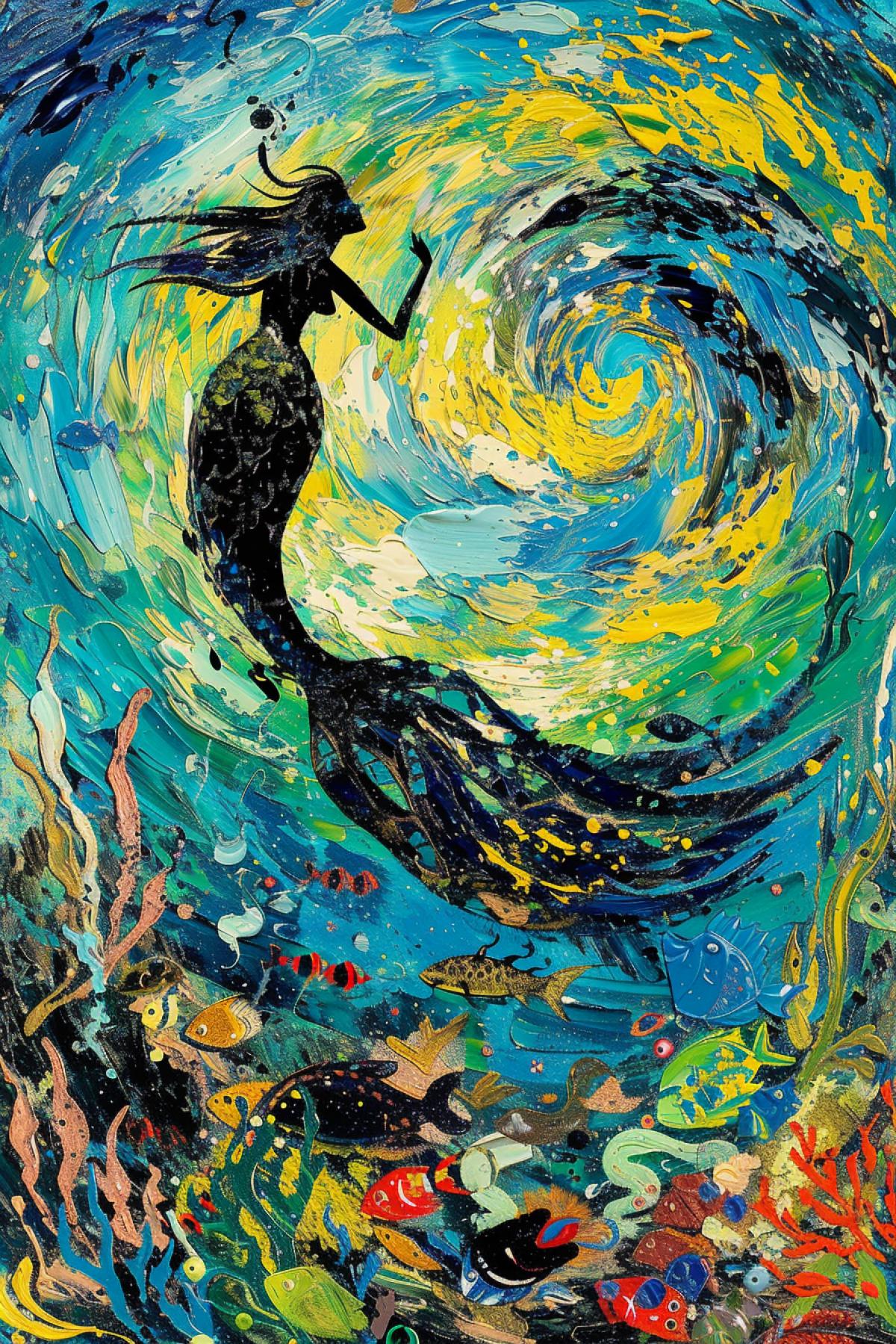 A mermaid depicted in the style of Vincent van Gogh, vibrant swirling patterns in the water and sky, her tail com4kd of dynamic, bold brushstrokes, rich and contrasting colors of blues, yellows, and greens, expressive and textured rendering of scales and marine life, surrounded by an impressionistic underwater scene with vivid coral and fish, capturing the emotional intensity and movement characteristic of van Gogh’s work, evoking a sense of dreamlike wonder and vibrant energy, lively and expressive com4k.