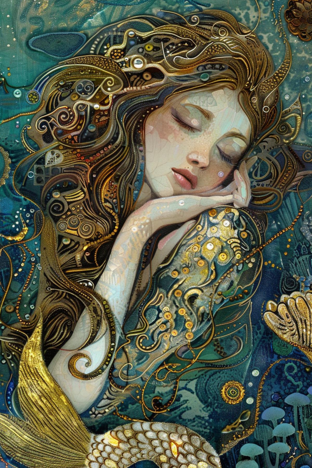 A mermaid in the style of Gustav Klimt, adorned with intricate golden patterns and shimmering jewels, her flowing hair intertwined with ornate designs, vibrant and opulent color palette with rich golds, blues, and greens, soft, diffused lighting creating an ethereal glow, detailed textures of scales and decorative elements, surrounded by a fantastical underwater landscape, capturing the lavish beauty and mystical aura of a Klimt-inspired mermaid, evoking a sense of luxury and wonder, sumptuous and detailed com4k.