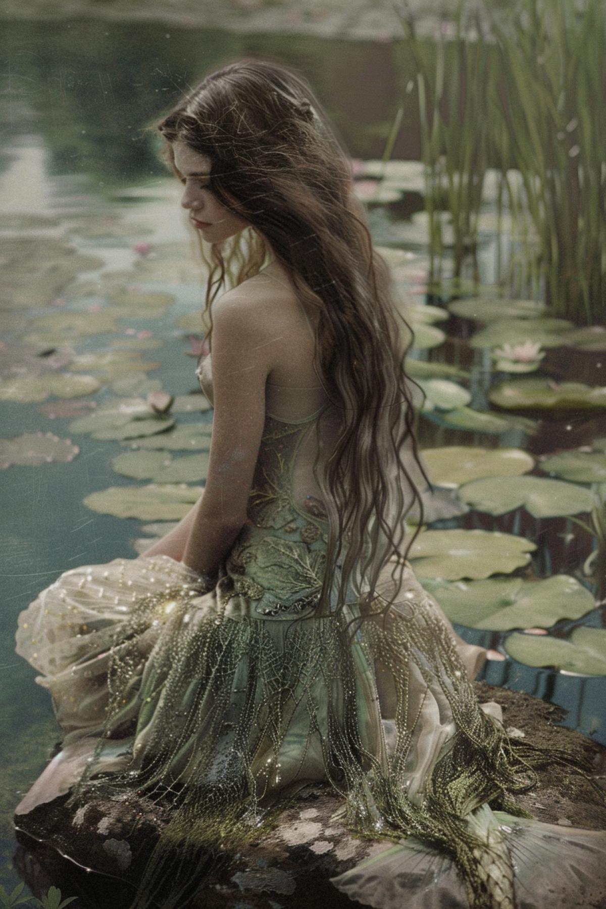 A mermaid in the style of John William Waterhouse, sitting on a rock by a serene lake, her long hair cascading over her shoulders, intricate and delicate details in her flowing dress made of water and seaweed, surrounded by lush greenery and water lilies, a soft, muted color palette with earthy tones and gentle pastels, capturing the romantic and poetic beauty of a Waterhouse painting, evoking a sense of tranquility and timeless elegance, serene and enchanting com4k.