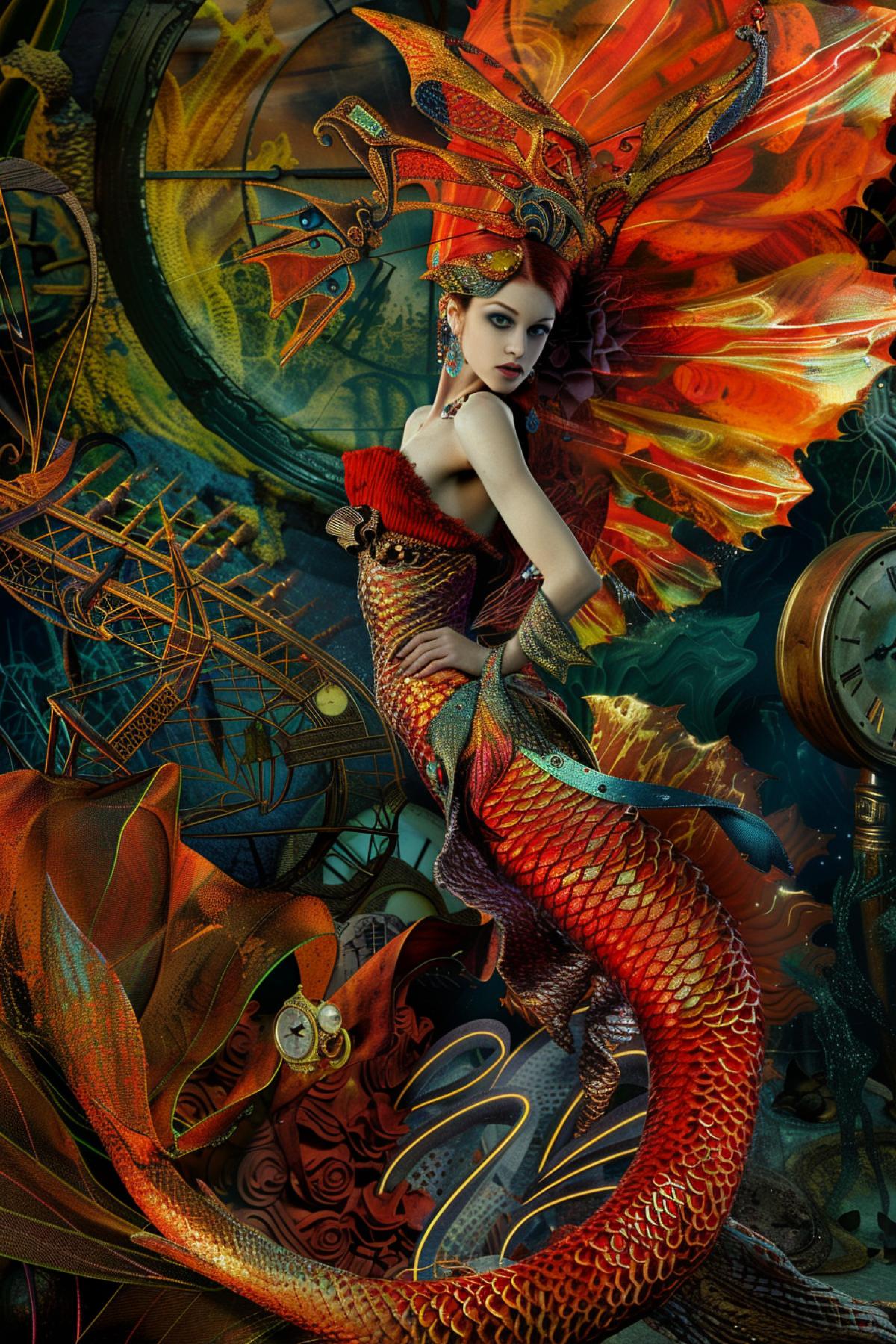 A mermaid in the style of Salvador Dalí, surreal and dreamlike, with elongated features and a fantastical tail blending into abstract, fluid shapes, surrounded by melting clocks and bizarre underwater objects, vibrant and contrasting color palette with bold reds, blues, and golds, detailed textures of scales and surreal elements, dramatic and otherworldly lighting, capturing the imaginative and bizarre essence of a Dalí masterpiece, evoking a sense of surreal wonder and imaginative chaos, striking and thought-provoking com4k.