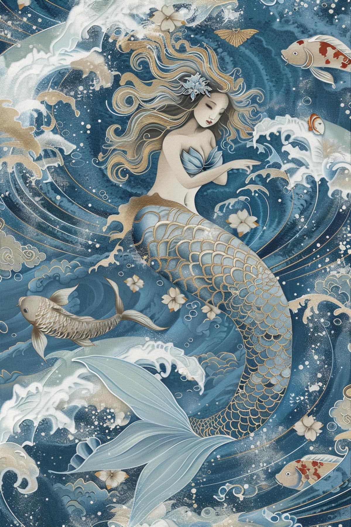 A mermaid in the style of Hokusai, set against a dramatic seascape with crashing waves, her elegant tail flowing seamlessly with the movement of the water, intricate patterns and delicate lines defining her form, a serene and contemplative expression on her face, surrounded by traditional Japanese elements such as koi fish and cherry blossoms, a harmonious and balanced color palette with soft blues, whites, and subtle accents of red, capturing the refined beauty and fluidity of Hokusais art, evoking a sense of timeless grace and natural wonder, sophisticated and mesmerizing com4k.