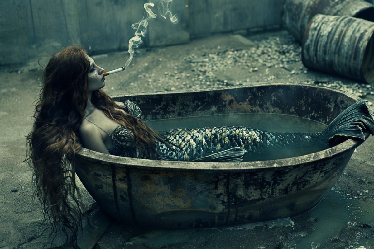 A tired mermaid, with long brown hair, lies in a rusty bathtub filled with water. Her long hair falls over her detailed. A cigarette smokes in her hand. Depressing atmosphere.