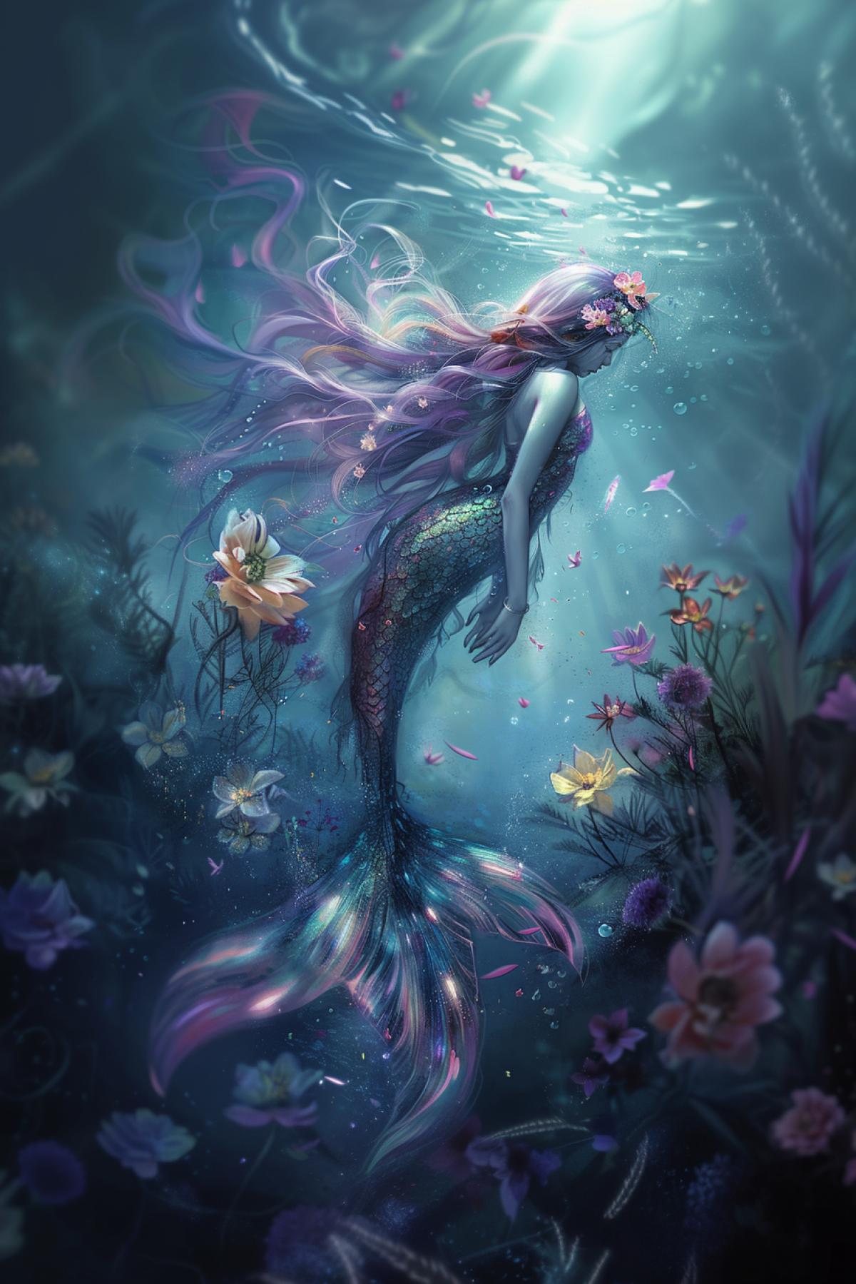Mermaid, in the style of director Tim Burton, underwater world, shimmer, cosmic flowers, beautiful pleasant colors